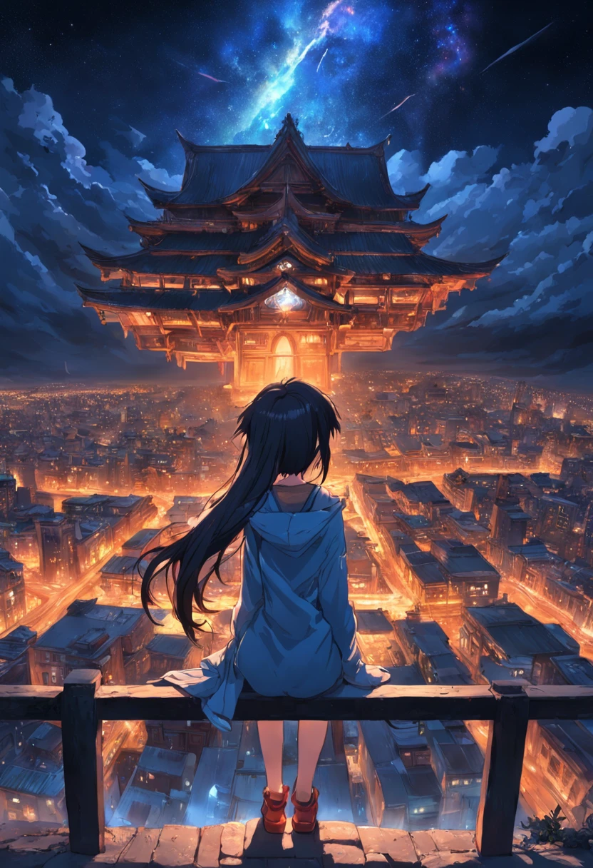 1 Outdoor girls, late,deep in the night, starrysky, in a panoramic view, Wild landscape, horizon, the roof, sitting on rooftop, ventania,(wide angles,Ultra HD details,Masterpiece, hyper HD, Super detail, High details, Best quality, A high resolution, Award-Awarded, 8K),(电影灯光)
