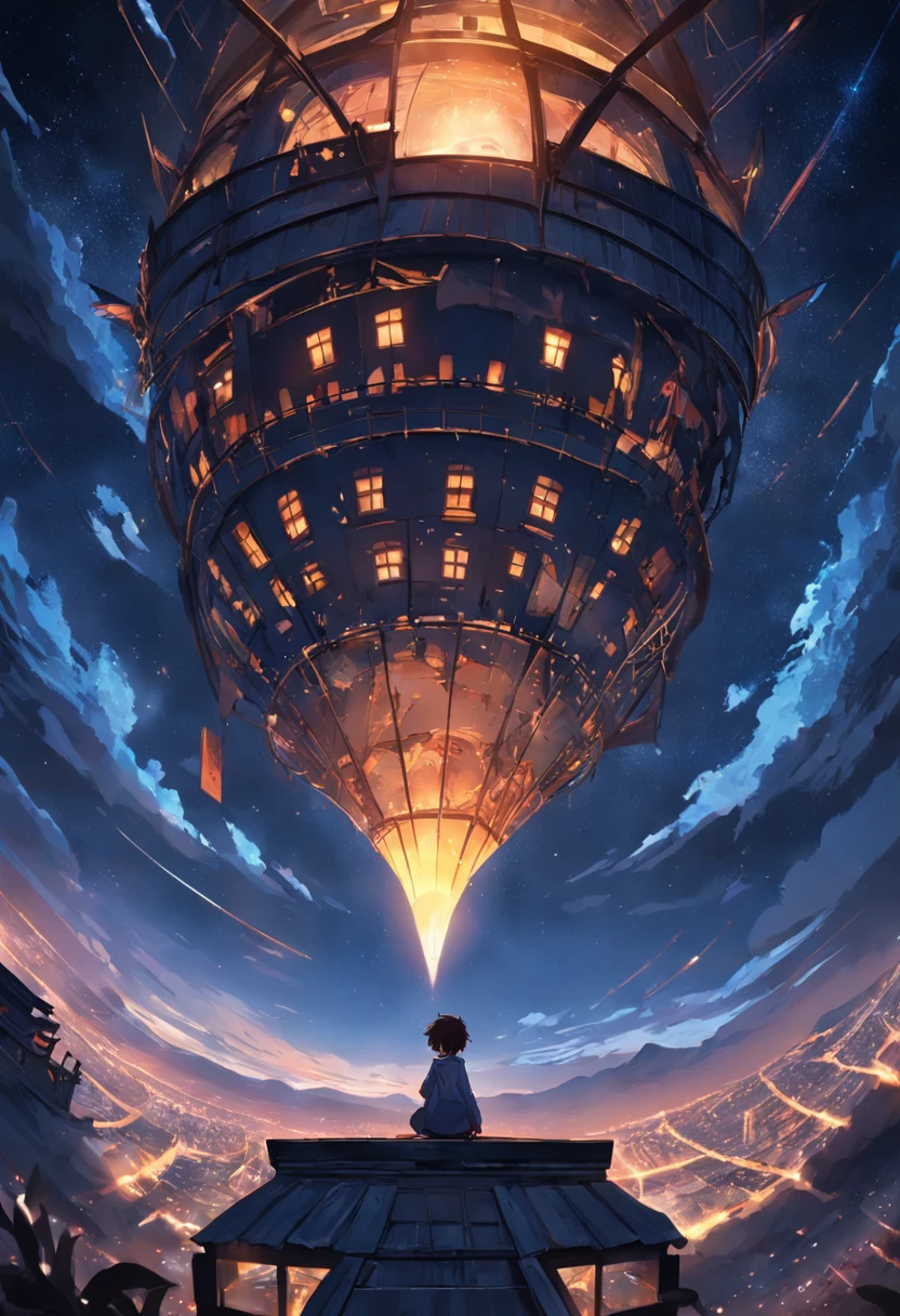 1 Outdoor girls, late,deep in the night, starrysky, in a panoramic view, Wild landscape, horizon, the roof, sitting on rooftop, ventania,(wide angles,Ultra HD details,Masterpiece, hyper HD, Super detail, High details, Best quality, A high resolution, Award-Awarded, 8K),(电影灯光)