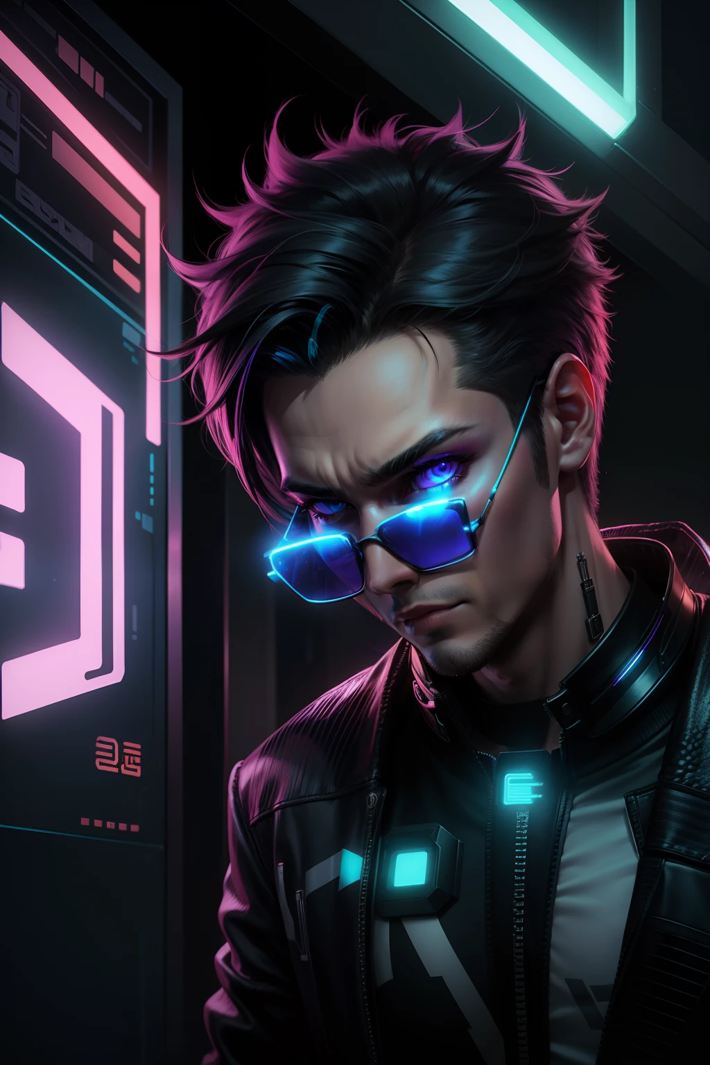 Change background night cyberpunk handsome boy, realistic face, original face, neon light effect,cute cat, sunglasses light effect