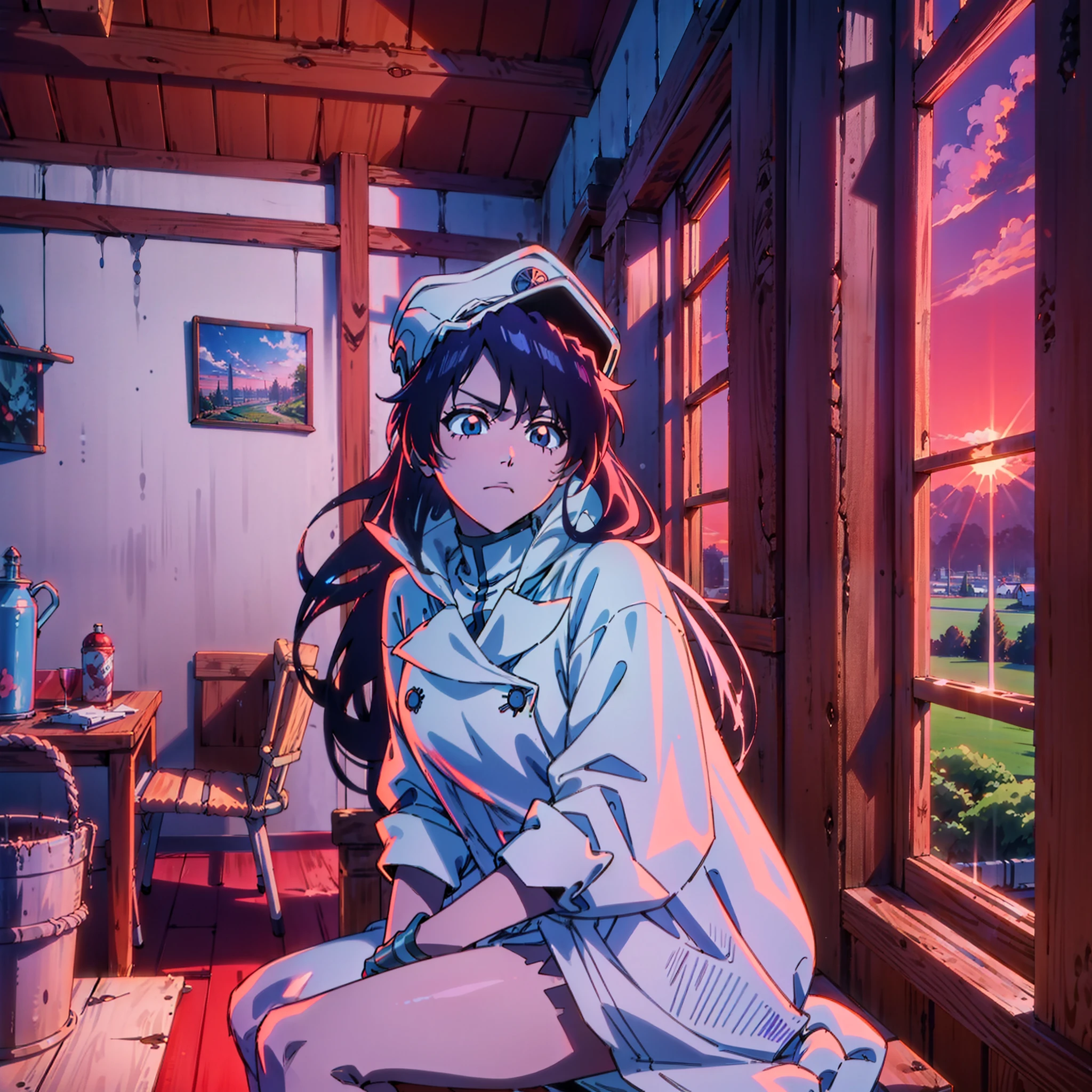 Girl sitting in the chair at sunset in her farmhouse. anime art style