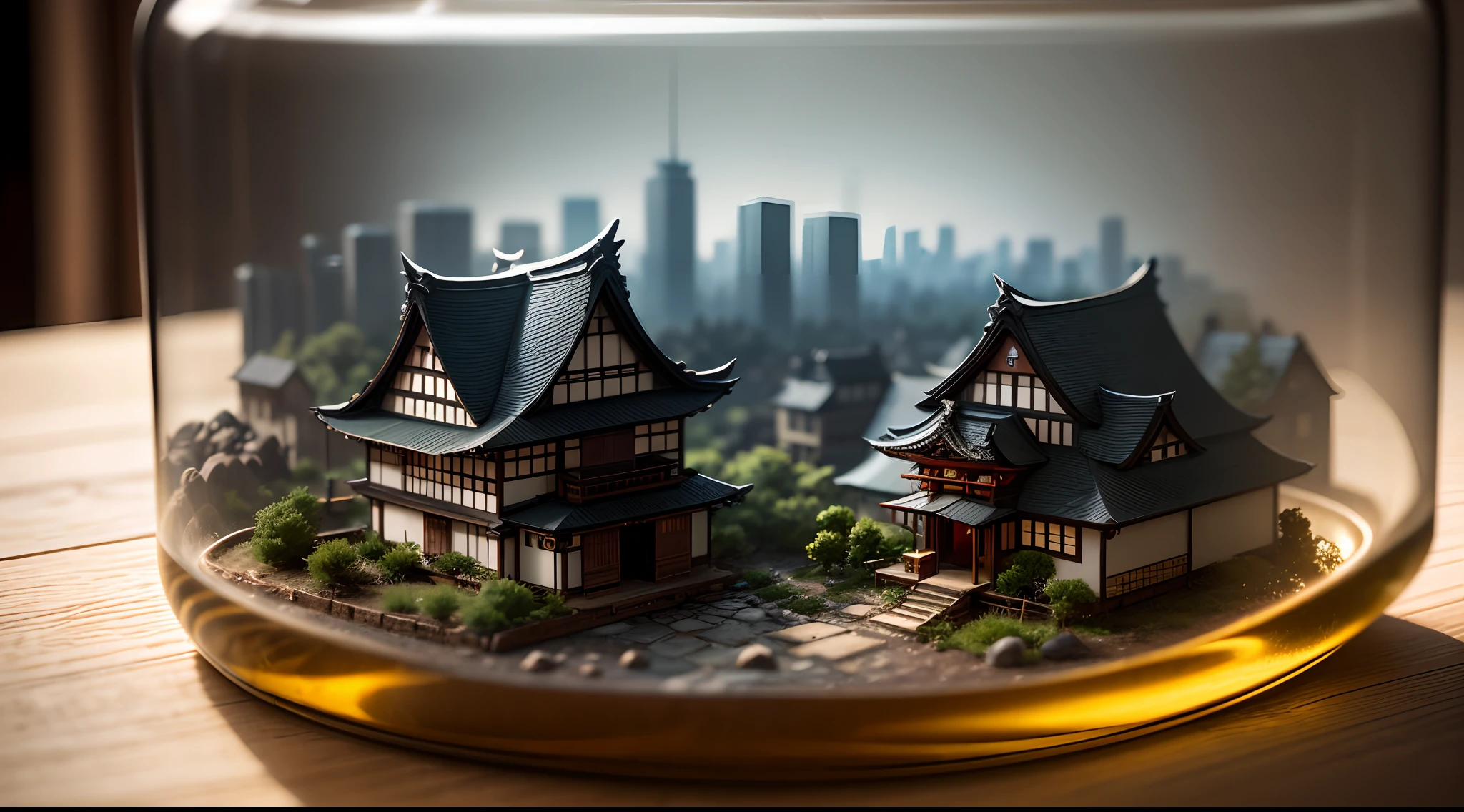 a Feudal Japanese city tucked inside a square glass jar with lid, placing on the windowsill, extremely detailed, 8K, apocalyptic punk style, miniatures, macro photography in close-up