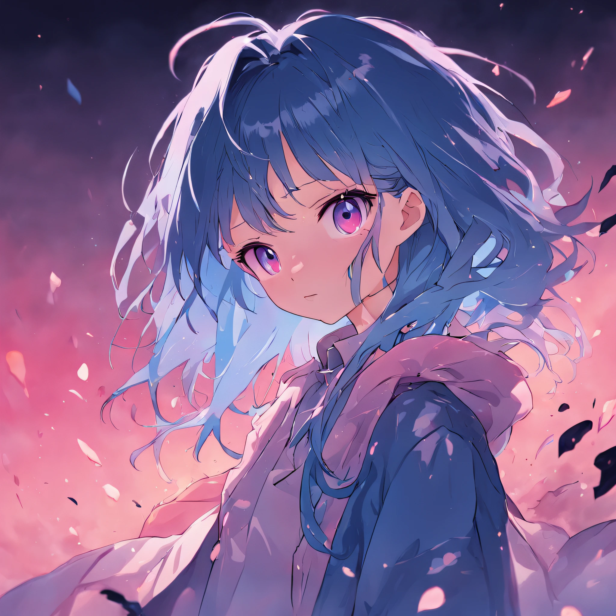 Light blue gradient dark blue hair，Pink eyes，Kizi