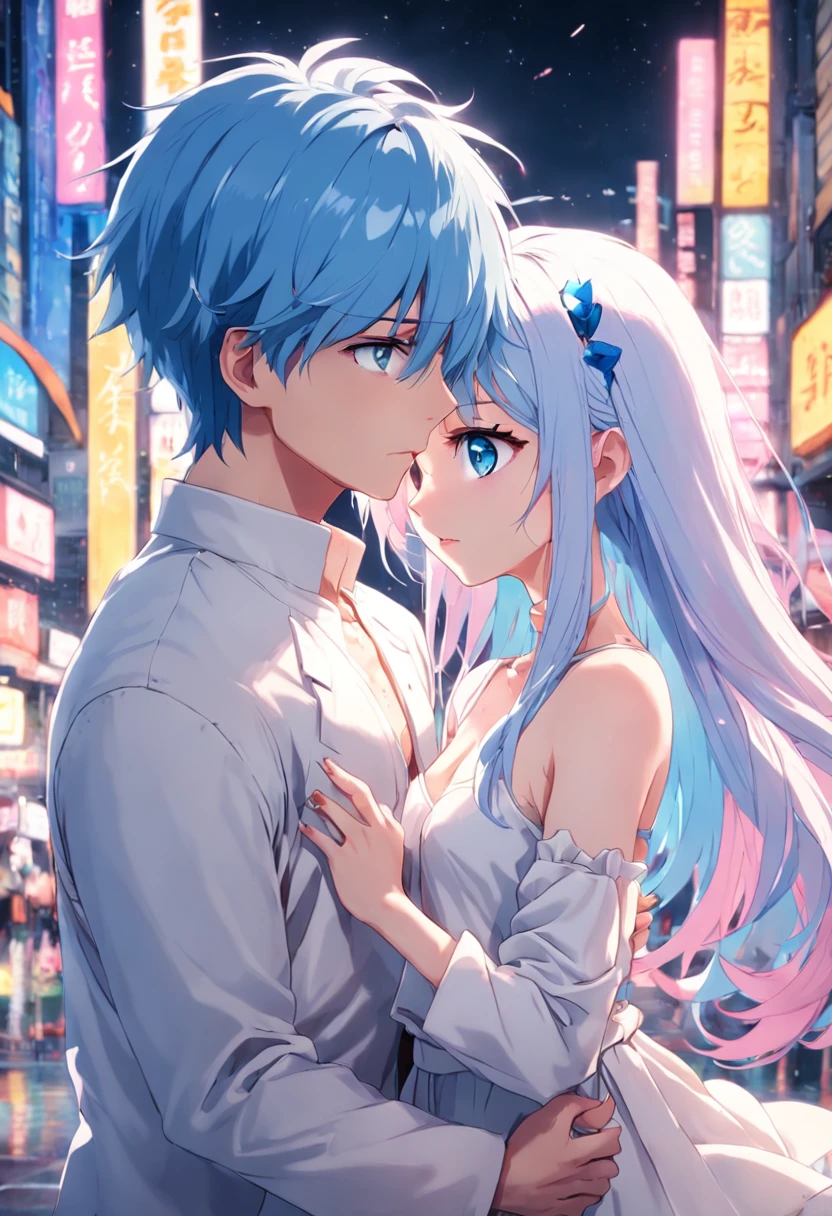 a hot boy with blue hair, and blue eyes, with a shy girl who has pink hair, pink eyes and white dress