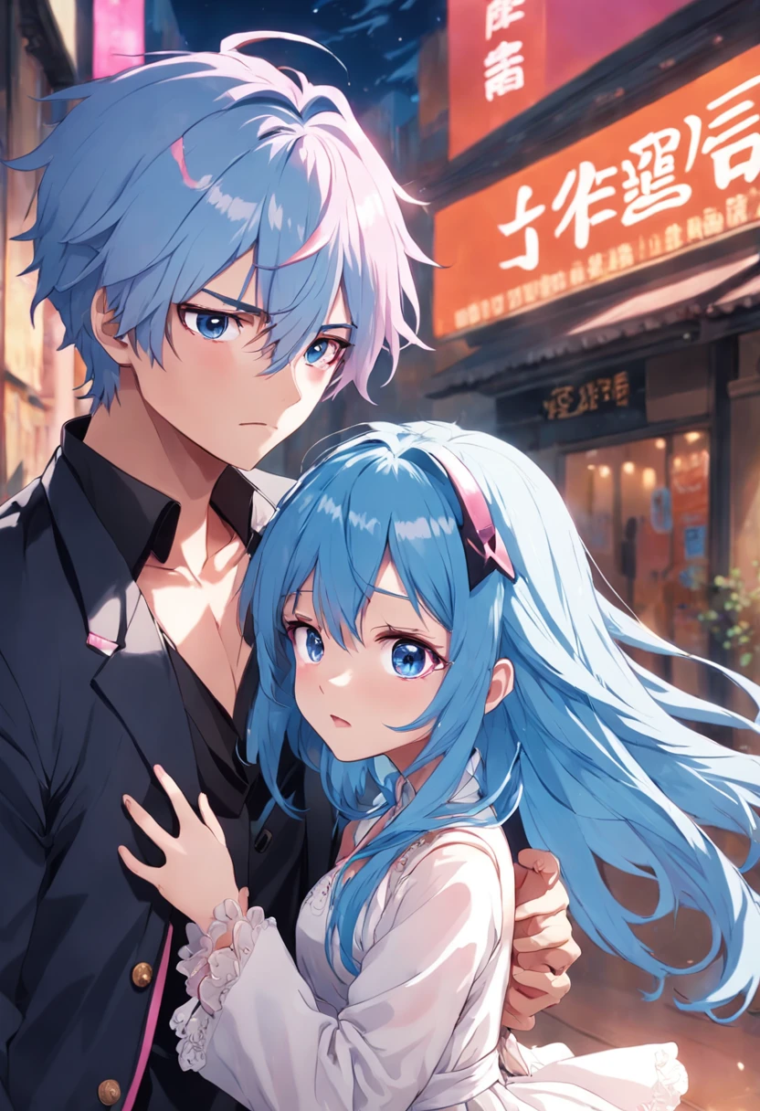 a hot boy with blue hair, and blue eyes, with a shy girl who has pink hair, pink eyes and white dress