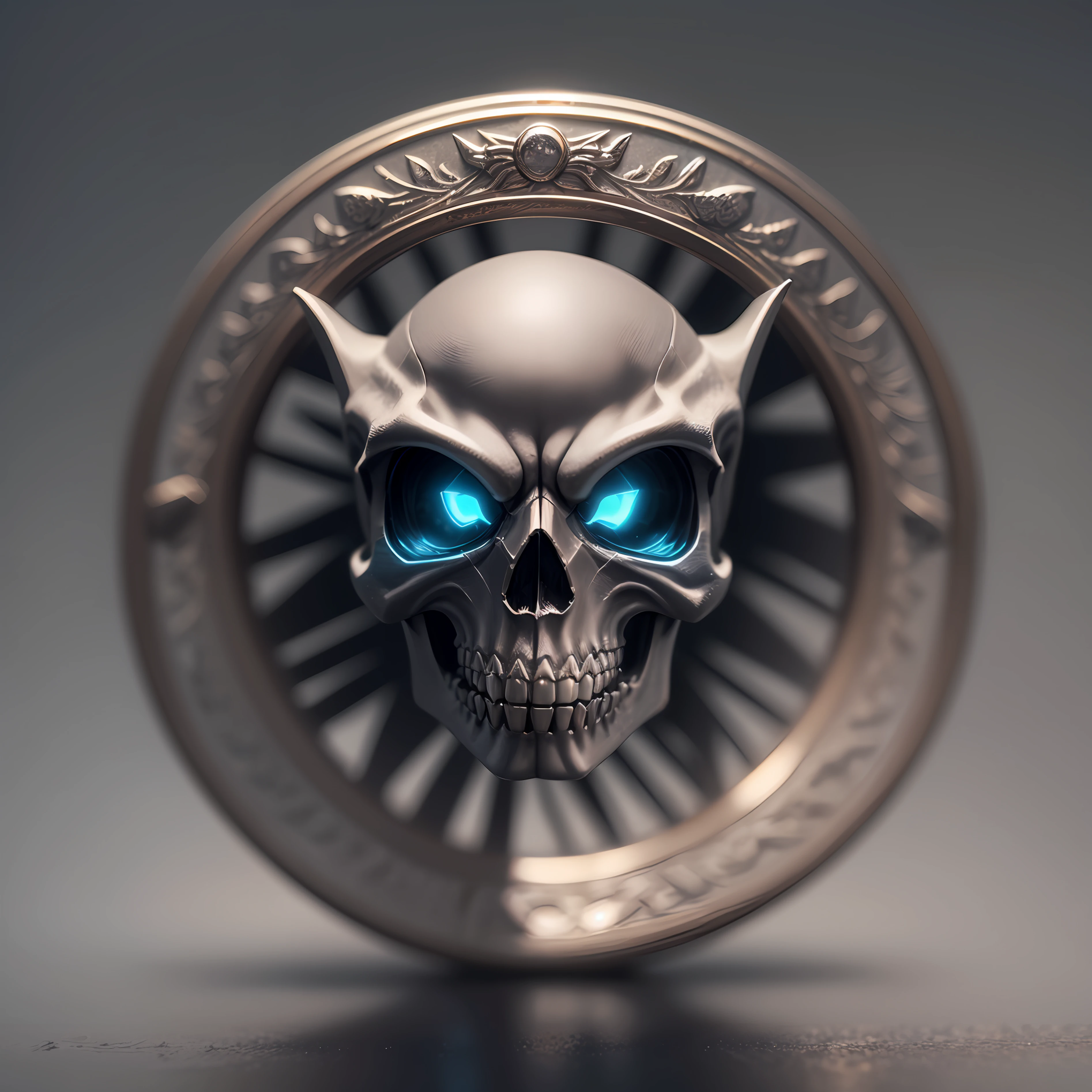 Masterpiece, Best Quality, Intricate Details, Octane Rendering, HDR, No Humans, Simple Background, Black Background, Gray Background, Depth Of Field, Gradient Background, Ring of batman, Sliver, Cute Skull In Ring, --auto --s2