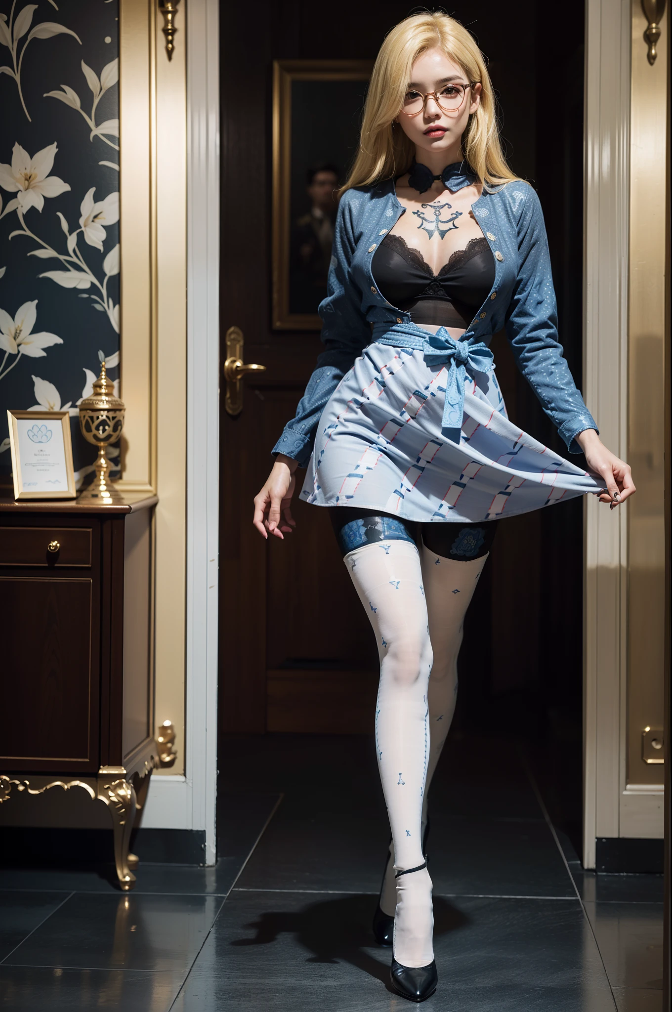 (full body:1.5),(((only one girl)):1.4),(view the viewer:1.4),((??????? correct):1.45),(((dancing in the palace, Perfectly integrated background))):1.3),(she wears large glasses and Holding book in her hand:1.2),(shy:1.15),((girdling dress set):1.2),(((((((patterns)))))) ,((thick pantyhose)):1.3),(((tattoo)):1.3),( Uniform high heels leather shoes with bows for female students:1.1),((Long legs and large chest):1.3),((((colorful))):1.3),(Accurate and perfect face:1.3),((blonde):1.2),hyper HD, Ray traching, reflective light, structurally correct, Award-Awarded, high detail, lighten shade contrast, Face lighting ,cinematic lighting, masterpiece, super detailing, high quality, high detail, best quality, 16k,High contrast,