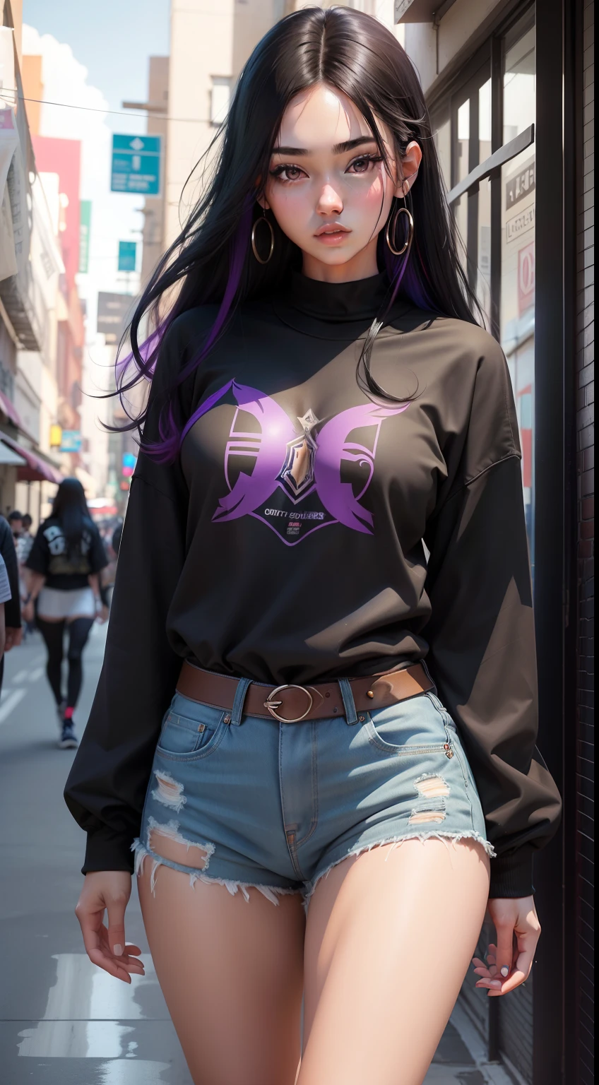 1girl, beautiful girl, Body Length 163 cm, 24 years old, brown skin girl, .(long black hair, Korean hairstyle, multicolored hair) , (purple eyes), realistic eyes, beautiful and big eyes), masculine clothing, Boys clothes, Wearing sneakers, medium breasts, ((The girl is a fashion designer)), (8k wallpaper), (Fashion design workshop wallpaper) 8k, high quilty, realistic, beautiful realistic, Cool details, raw photo, realistic clothing, short hair, multicolored hair, realistic hair, Light and cool lighting, photo realistic, Cel shaded, Gel lighting, ultra details, fashion design realistic, colored hair