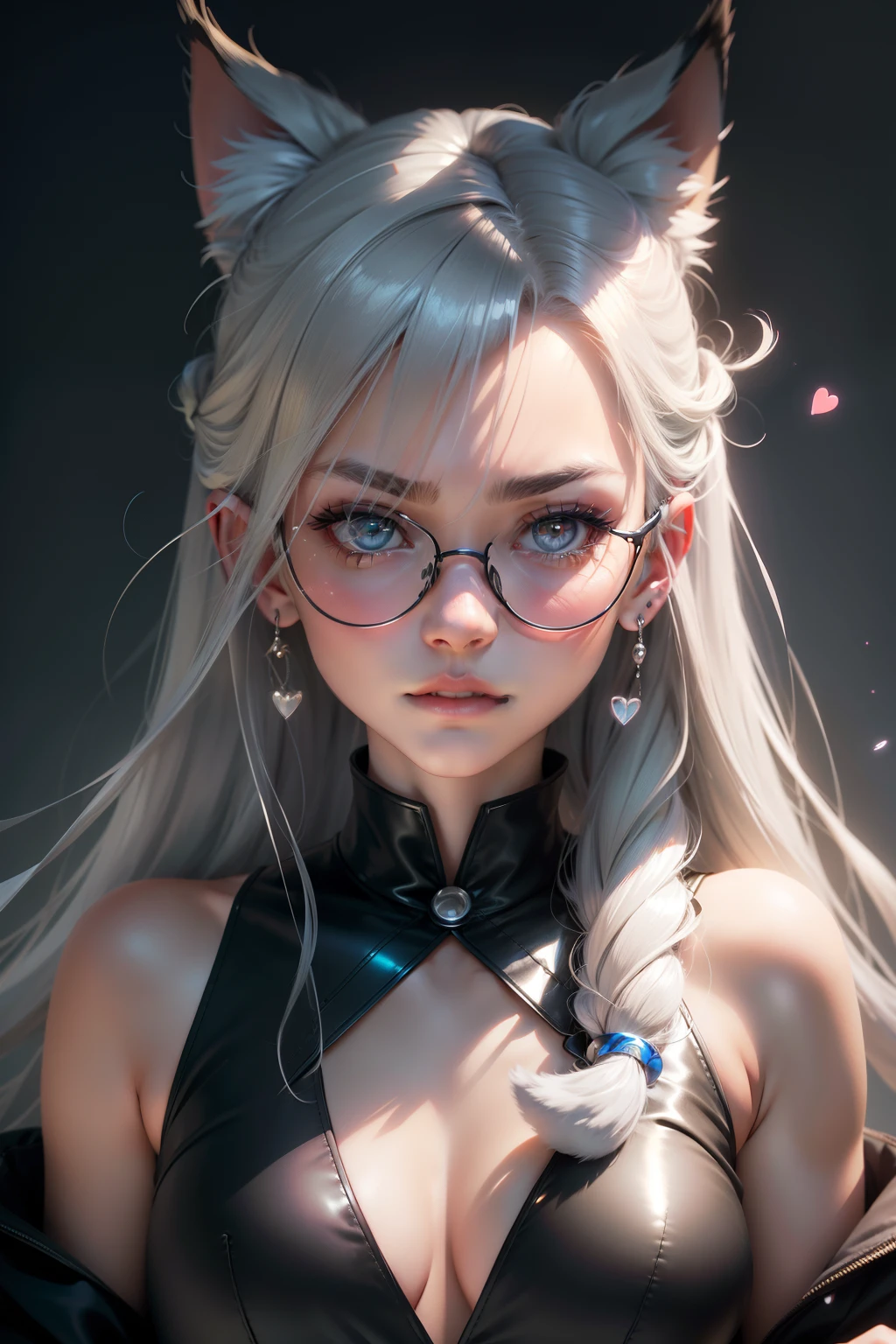 hair bobbles, wince, longeyelashes, solid circle eyes, fake animal ears, ear blush, fang, grey hair, long hair, shiny hair, hair slicked back, over-rim eyewear, empty eyes, hollow eyes, glaring, heart earrings, closed mouth, Surrealism, anaglyph, stereogram, tachi-e, pov, atmospheric perspective, Minimalism, ray tracing, reflection light, god rays, motion blur, cinematic lighting, zoom layer, dutch angle, hatching (texture), first-person view, lens flare, bokeh, foreshortening, macro photo, Sony FE GM, Fujifilm, 8k, super detail, ccurate, textured skin, high details, highres, best quality