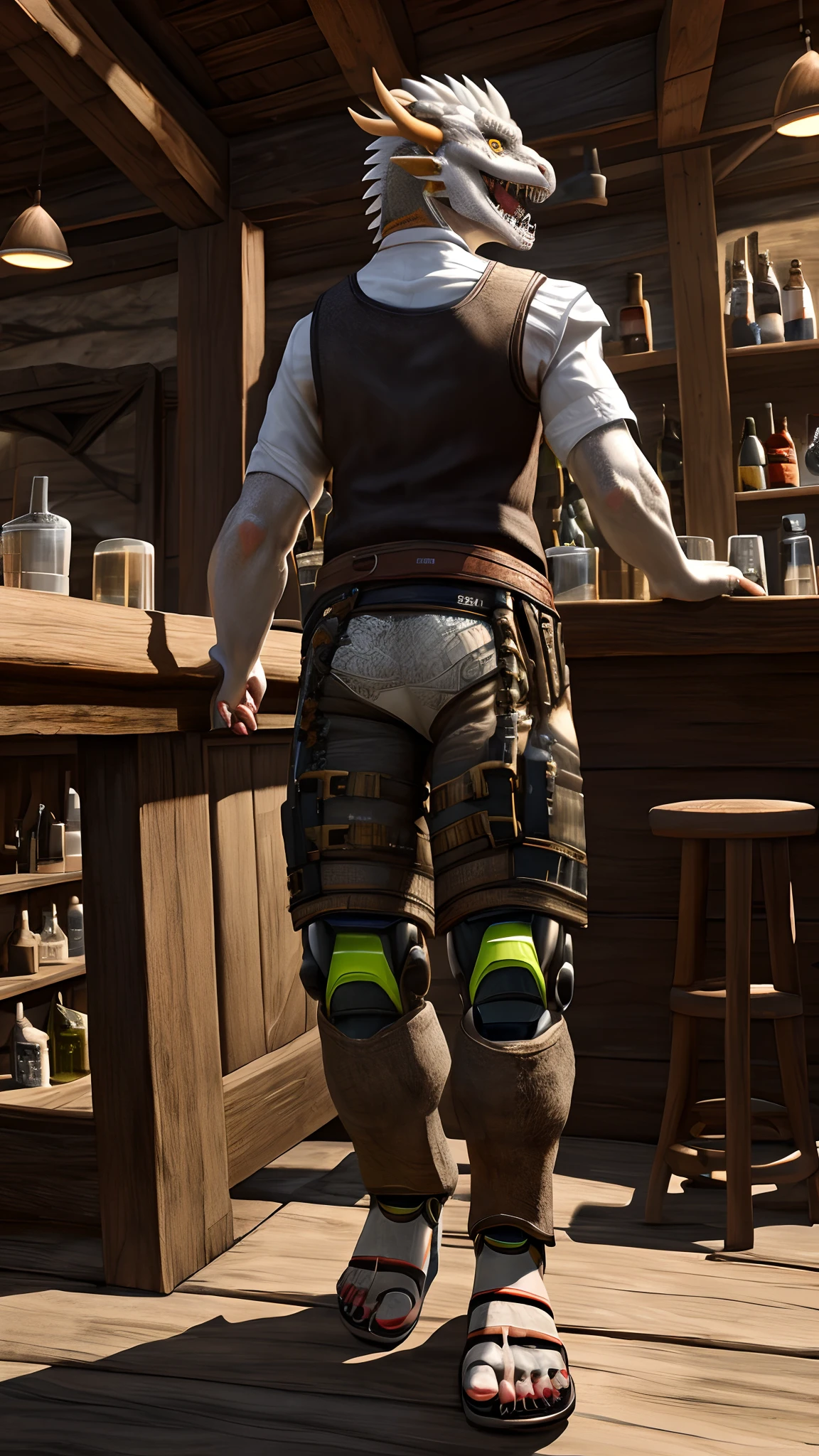 Bionic robot dragon,female,Gilet blanc,white panties,sandals,Drinking in a tavern,HD graphics,Detailed and realistic,high detal,high qulity,photo-realistic,photorealistic eye,Detailed paws,Clear eyes,Masterpiece artwork,highly intricate detail,High definition