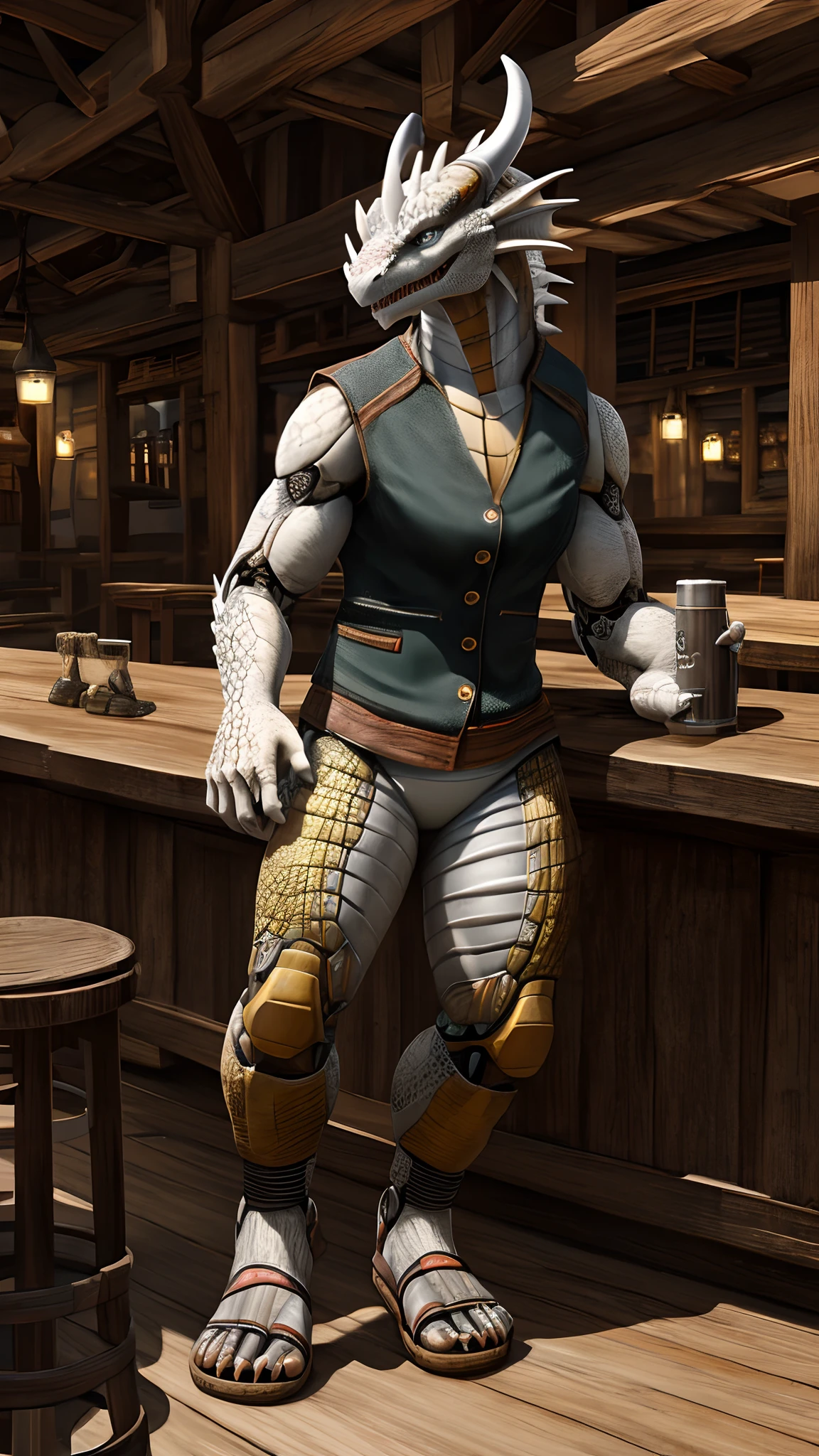 Bionic robot dragon,female,Gilet blanc,white panties,sandals,Drinking in a tavern,HD graphics,Detailed and realistic,high detal,high qulity,photo-realistic,photorealistic eye,Detailed paws,Clear eyes,Masterpiece artwork,highly intricate detail,High definition