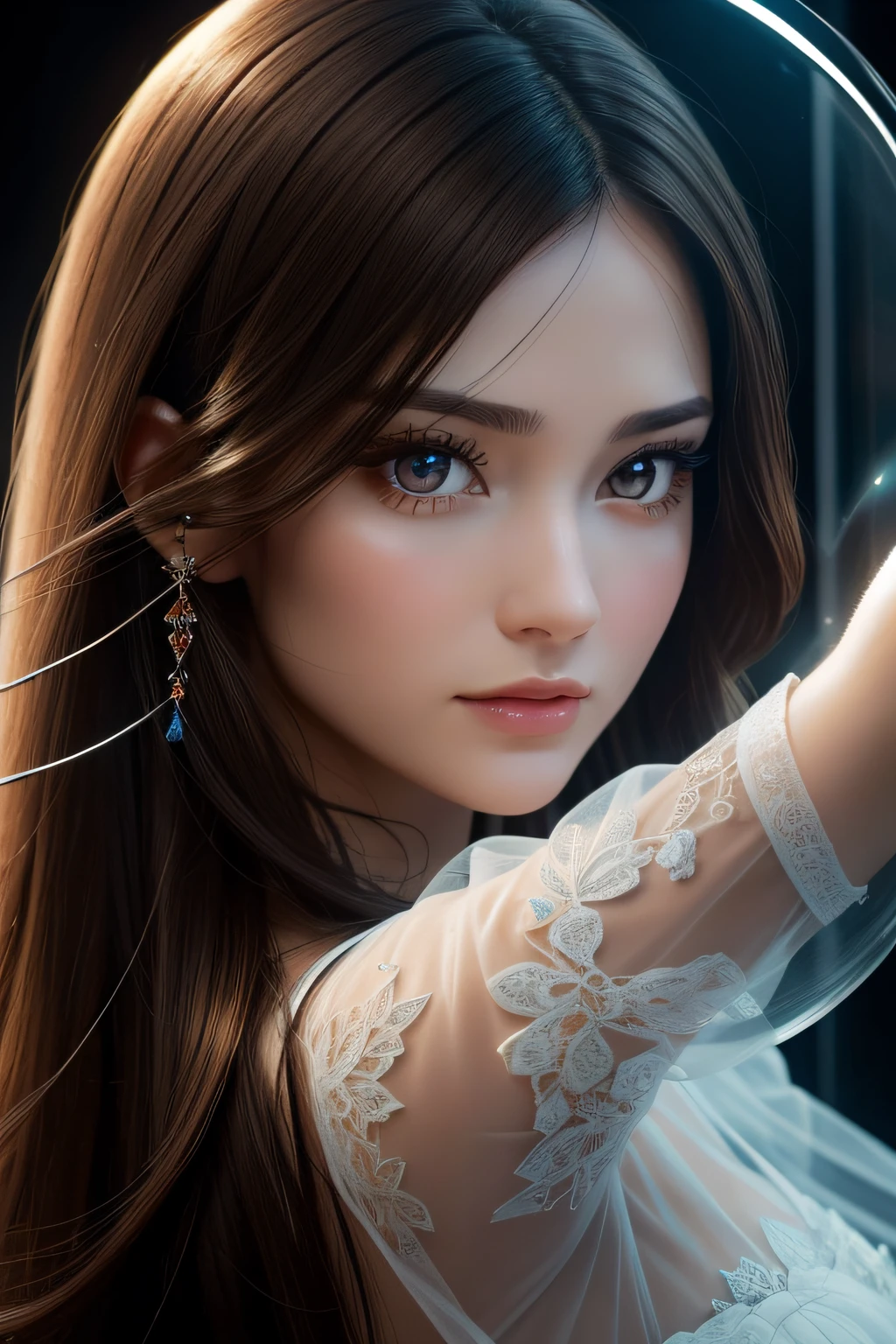 Dynamic Angle,(dark brown eyes:1.2),Close up photo of woman in glass, intricate detailes, White background, Transparent body, Visible veins, wires, Highly detailed, Head, Upper body, Breathtaking, foco nítido,Glass Art、red and blue、intricate detailes、Terrible、The most beautiful forms of chaos like glasswork、Delicate、fleeting、Magnificent scale