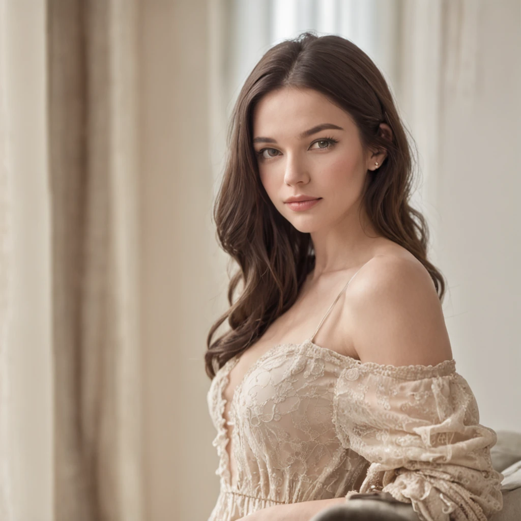 Transition to a cozy living room, where the ambiance is inviting and warm. Our subject, a 30-year-old woman with thick, dark hair, continues to exude her captivating presence, reminiscent of the stunning Jade Taylor. Her age, whether she appears as a 27-year-old, a 23-year-old, a 28-year-old, or even a 29-year-old, remains a subtle detail in this captivating scene.

In this welcoming living room, position the camera slightly farther away, capturing her entire body figure as she sits comfortably. The setting highlights her beauty and allure in a more expansive view, emphasizing her grace and confidence in this relaxed living space. This photograph encapsulates her charm and elegance, showcasing her in all her glory.