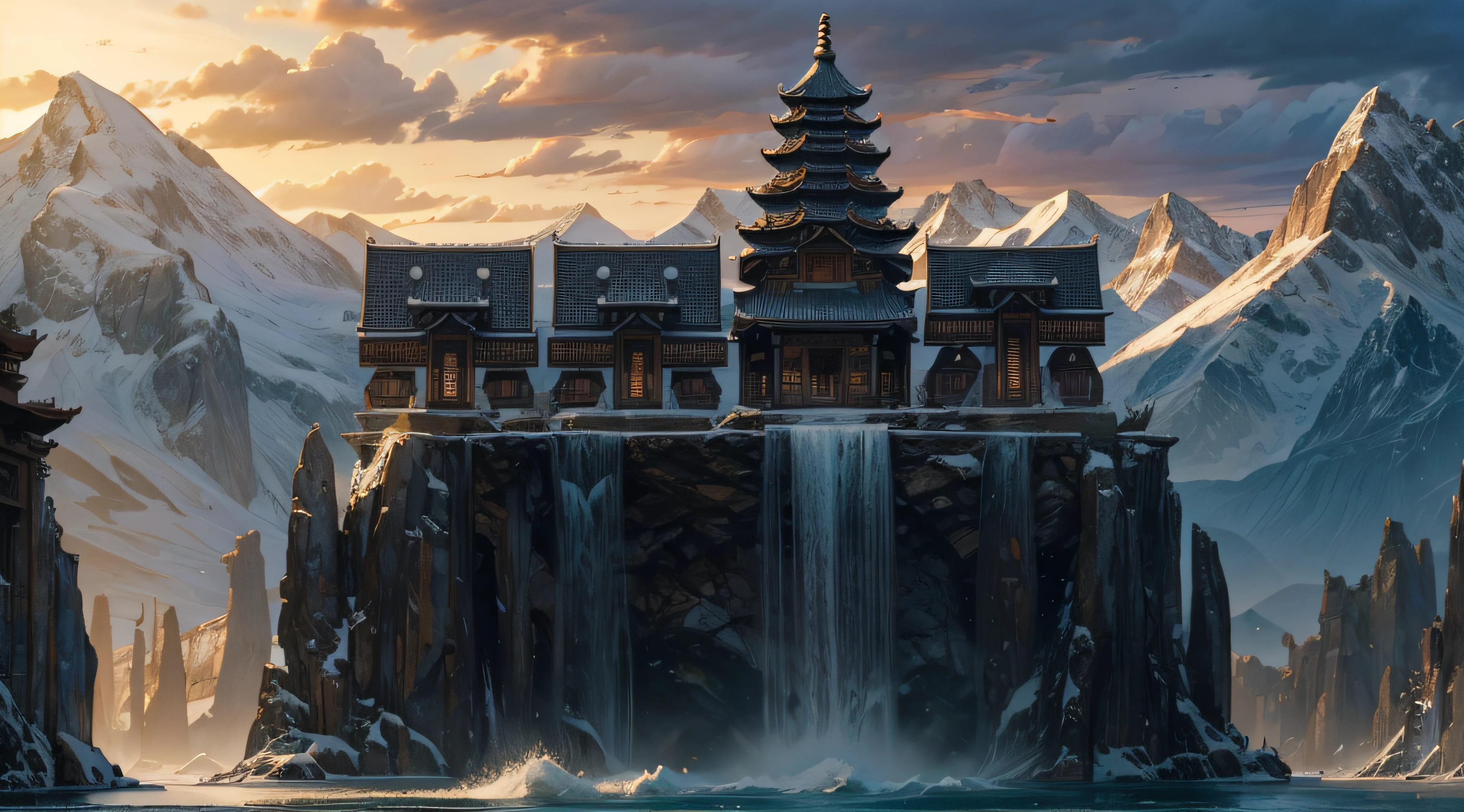 Thousands of mountains，High hills，waterfallr，Pillars formed by mountains，water flowing，totem，tmasterpiece，Intricate patterns on the building，tmasterpiece，Best quality，ultra - detailed。