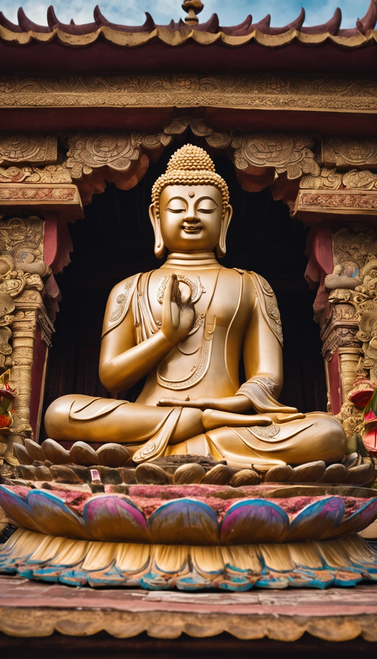 The Buddha statue sits on a lotus flower, Buddha, a Buddhist Buddha, Buddhism, Buddhist, sukhasana, buddhist art, bodhisattva, samsara, puṣkaracūḍa, attractive male deity, Spiritual enlightenment, padmasana, Karma for tomorrow。, The Hindu phase of meditation