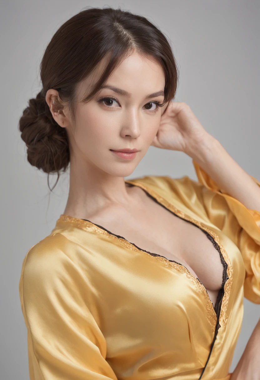 komono，Woman，cleavage，seductiv，mature，Yellow robe，Erotic lingerie，blacksilk