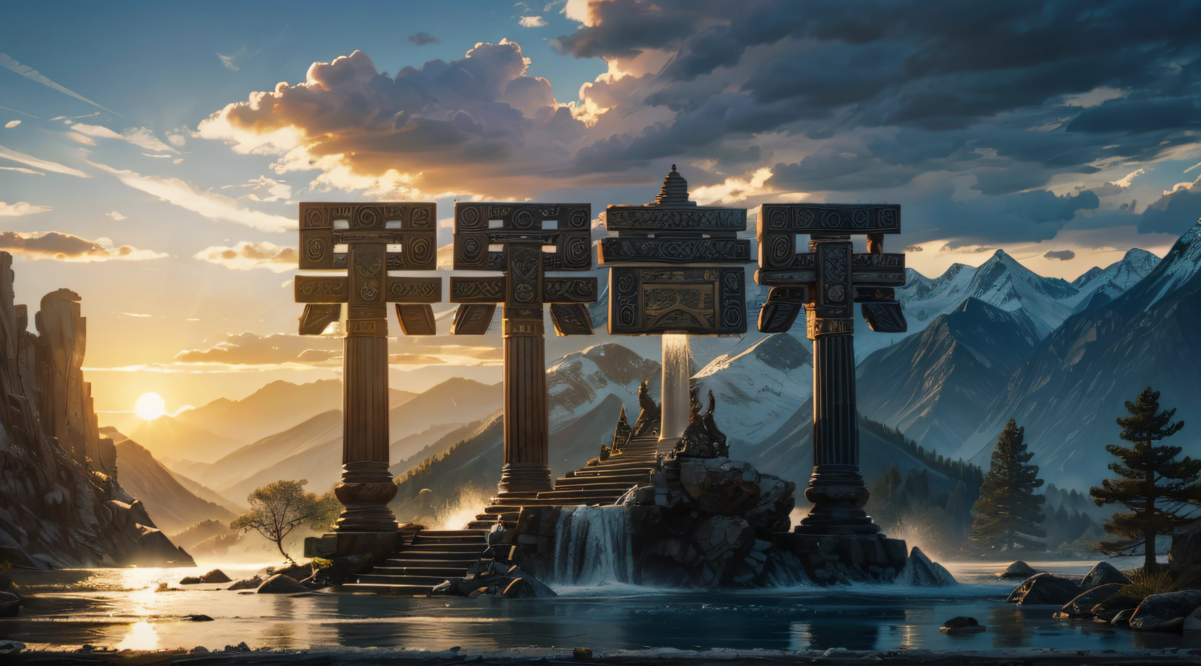 Thousands of mountains，High hills，waterfallr，Pillars formed by mountains，water flowing，totem，tmasterpiece，Intricate patterns on the building，tmasterpiece，Best quality，ultra - detailed。