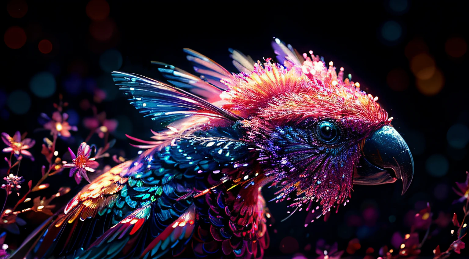 Brightly colored parrot sitting on branches on dark background, 4k highly detailed digital art, amazing space creature 4 k, ultra detailed Digital art, Highly detailed digital art, extremely detailed digital art, highly detailed creature, ultra detailed Digital art, overdetailed digital art, glowing feathers, colorful redshift render, highly detailed digital artwork, 4K detailed digital art,The eyes are brightly colored