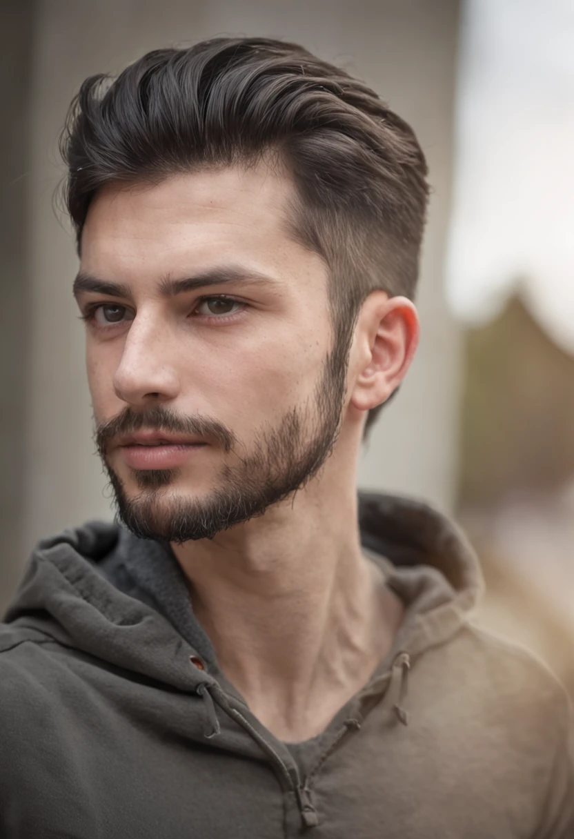 homem meia idade, cabelos curto preto, olhando pro horizonte, NOT BEARD, (((trailler no background)))