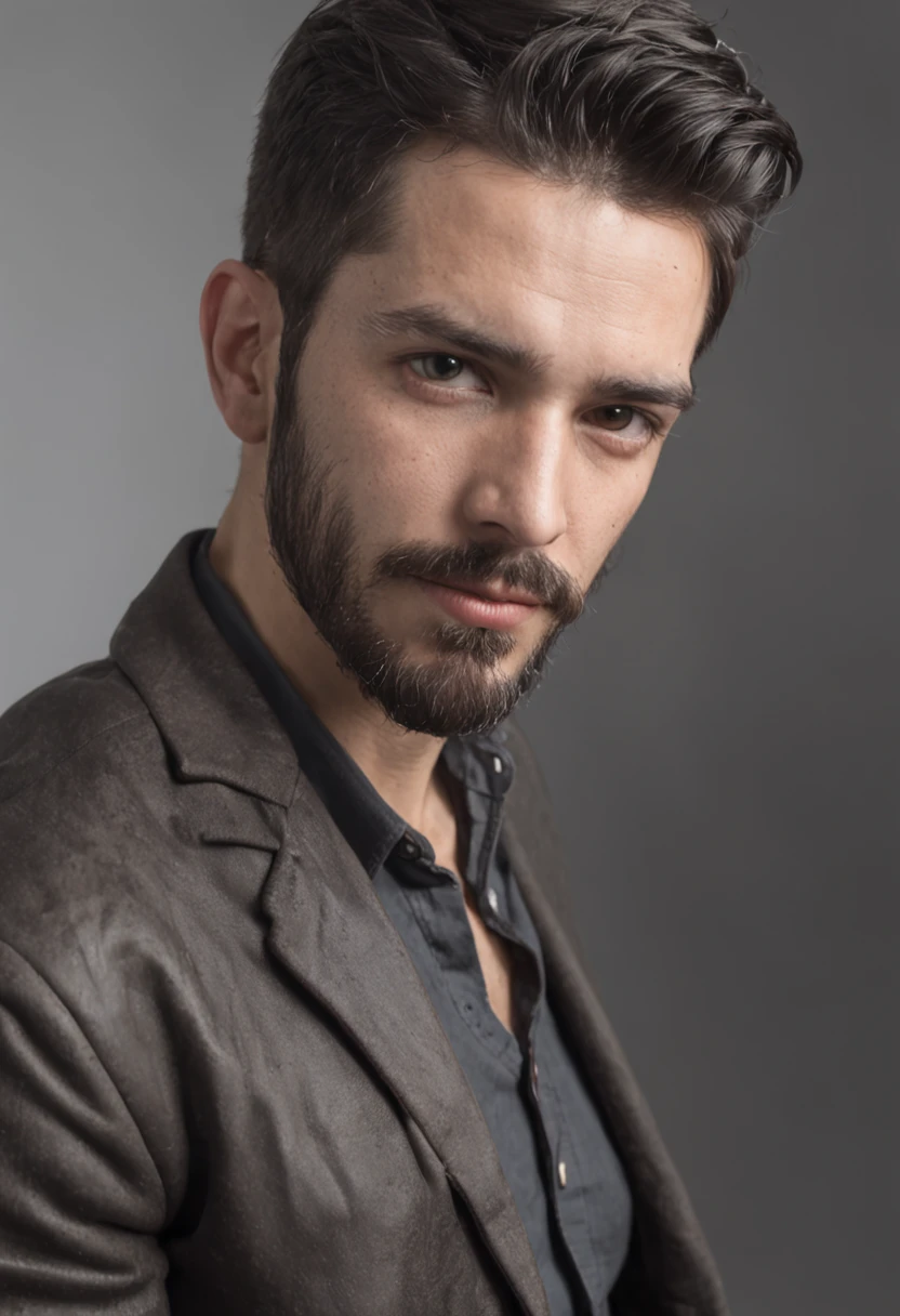 homem meia idade, cabelos curto preto, olhando pro horizonte, NOT BEARD, (((trailler no background)))