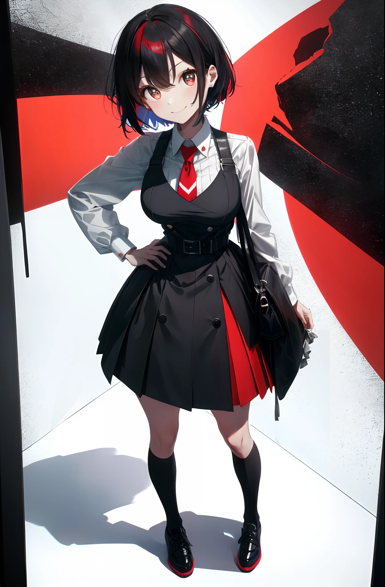 tmasterpiece, best qualityer, 1个Giant Breast Girl,(Black and red hair,colorfulhair:0.9), Wear a nice miniskirt,Very thin clothes, cute smiling,Leaking out of both shoulders,(White background:1.3),(All body,standing on your feet:0.9),Black leather shoes,White socks,first person perspective,short detailed hair,One guy,Look from the bottom up,