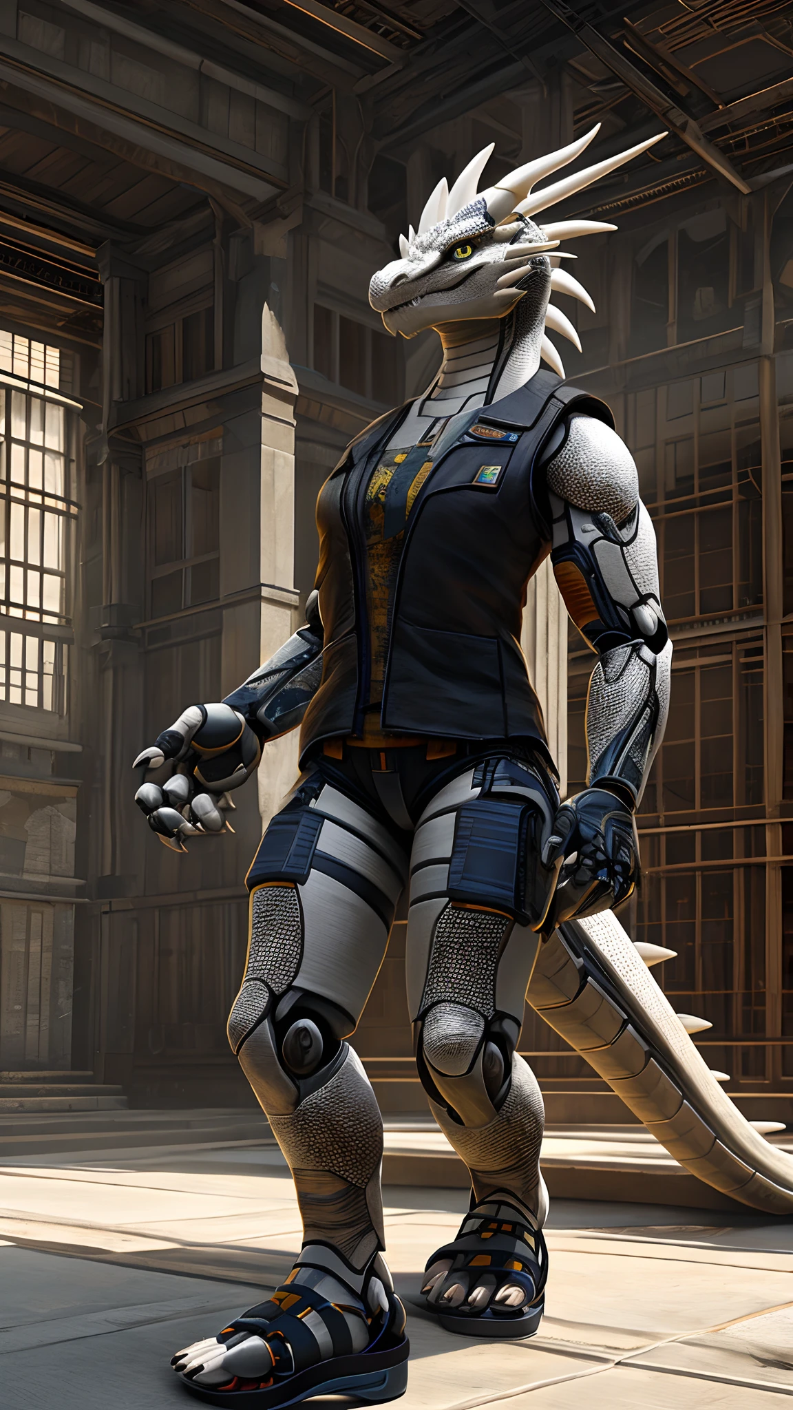 Bionic robot dragon，female，Gilet blanc，white  panties，sandals，Stand indoors，HD graphics，Detailed and realistic，high detal，high qulity，photo-realistic，photorealistic eye，Detailed paws，Clear eyes，Masterpiece artwork