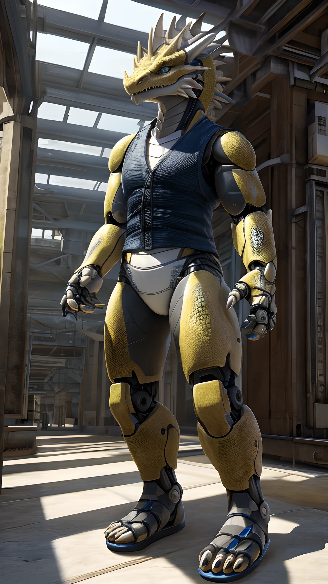 Bionic robot dragon,female,Gilet blanc,white panties,sandals,Stand indoors,HD graphics,Detailed and realistic,high detal,high qulity,photo-realistic,photorealistic eye,Detailed paws,Clear eyes,Masterpiece artwork