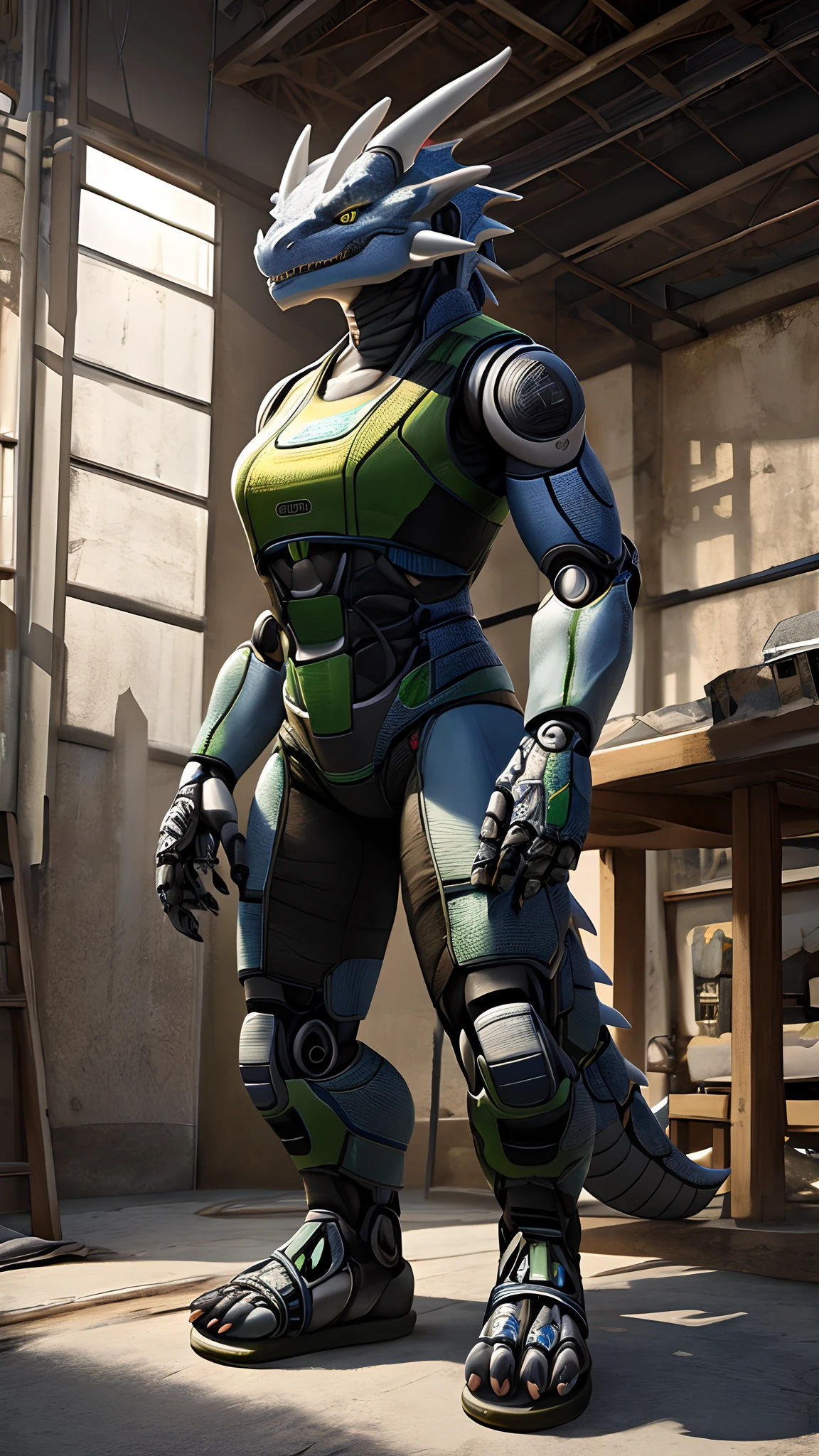 Bionic robot dragon,female,Gilet blanc,white panties,sandals,Stand indoors,HD graphics,Detailed and realistic,high detal,high qulity,photo-realistic,photorealistic eye,Detailed paws,Clear eyes,Masterpiece artwork