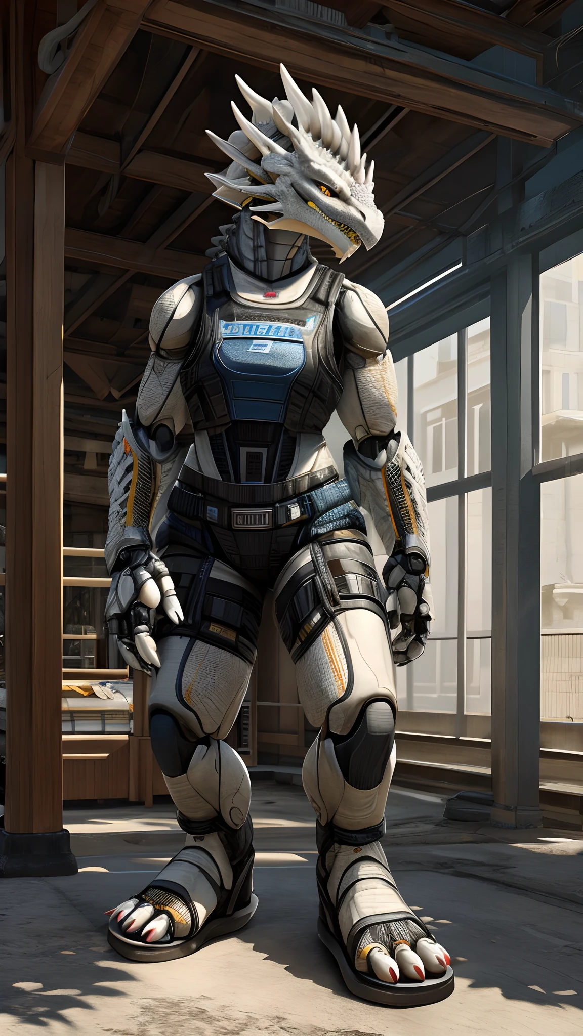 Bionic robot dragon,female,Gilet blanc,white panties,sandals,Stand indoors,HD graphics,Detailed and realistic,high detal,high qulity,photo-realistic,photorealistic eye,Detailed paws,Clear eyes,Masterpiece artwork
