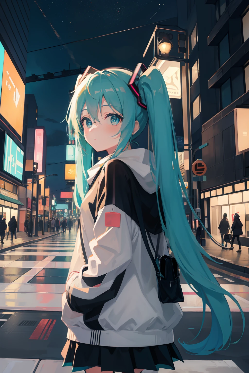 Hatsune Miku Hood City at night Street Under traffic lights Zebra crossing