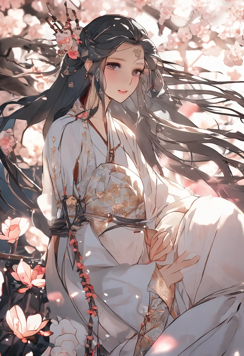 Ancient beauty,long whitr hair,Raised sexy,wearing a hanfu,Take a fan,ssmile,gentleness,Cleavage is seductive,adolable,Portrait wallpaper,filigree,full bodyesbian,The action is enchanting,Big breasts wife