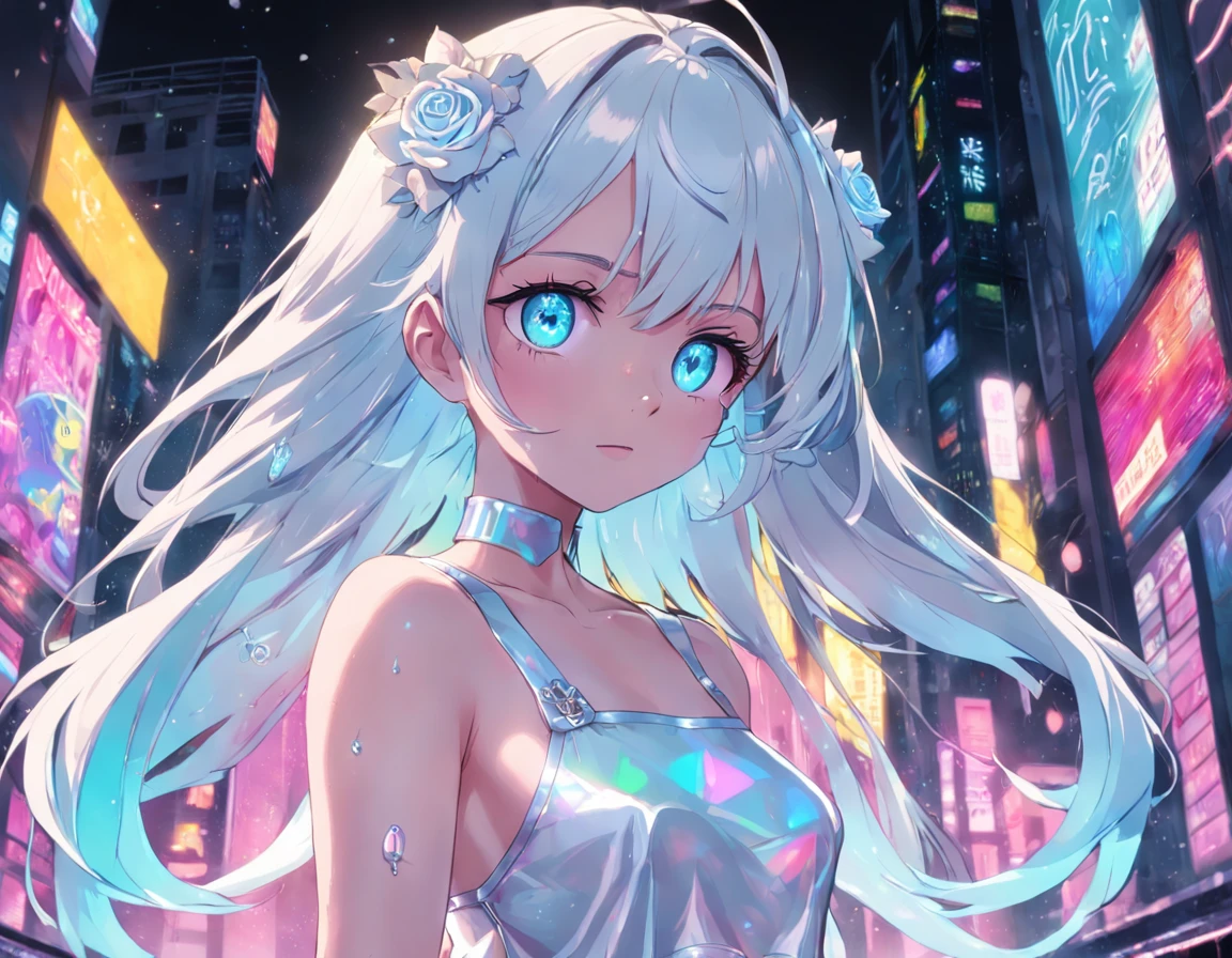 Realistic, Anime style, 1girll, holographic hair, Heterochromic eyes, Glowing eyes, Holographic crop top, Hologram skirt, parted lip, Blush, Night, White roses, pastels, glitters