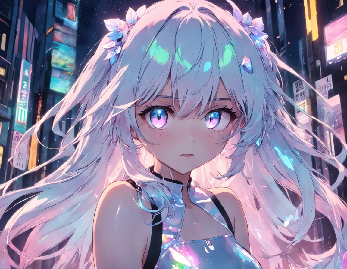 Realistic, Anime style, 1girll, holographic hair, Heterochromic eyes, Glowing eyes, Holographic crop top, Hologram skirt, parted lip, Blush, Night, White roses, pastels, glitters