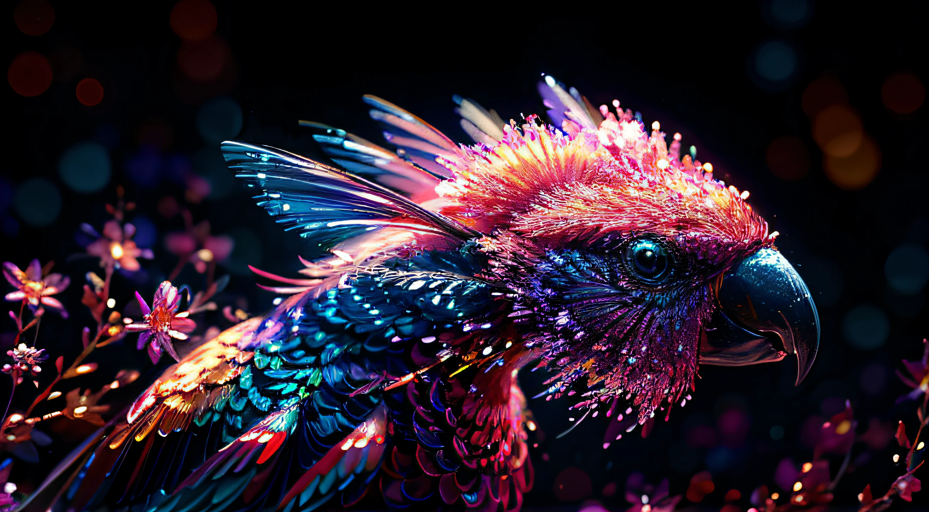 Brightly colored parrot sitting on branches on dark background, 4k highly detailed digital art, amazing space creature 4 k, ultra detailed Digital art, Highly detailed digital art, extremely detailed digital art, highly detailed creature, ultra detailed Digital art, overdetailed digital art, glowing feathers, colorful redshift render, highly detailed digital artwork, 4K detailed digital art，The eyes are brightly colored