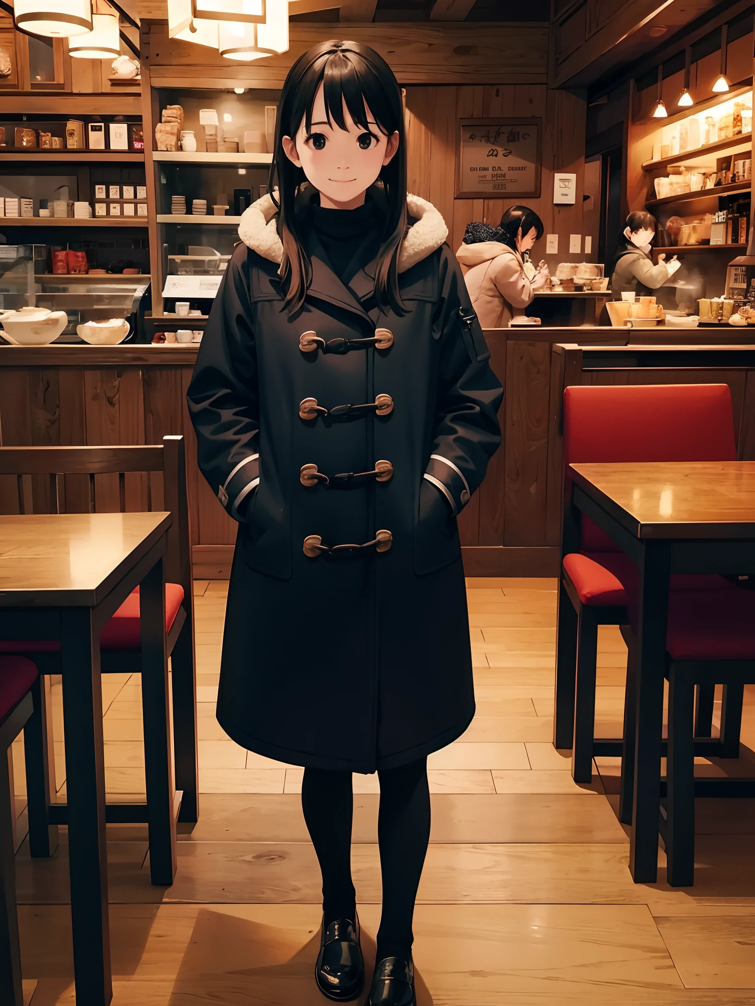 tea shop、cafes、Duffel coat、full body shot、relax、Accurate portrait drawing、Accurate model