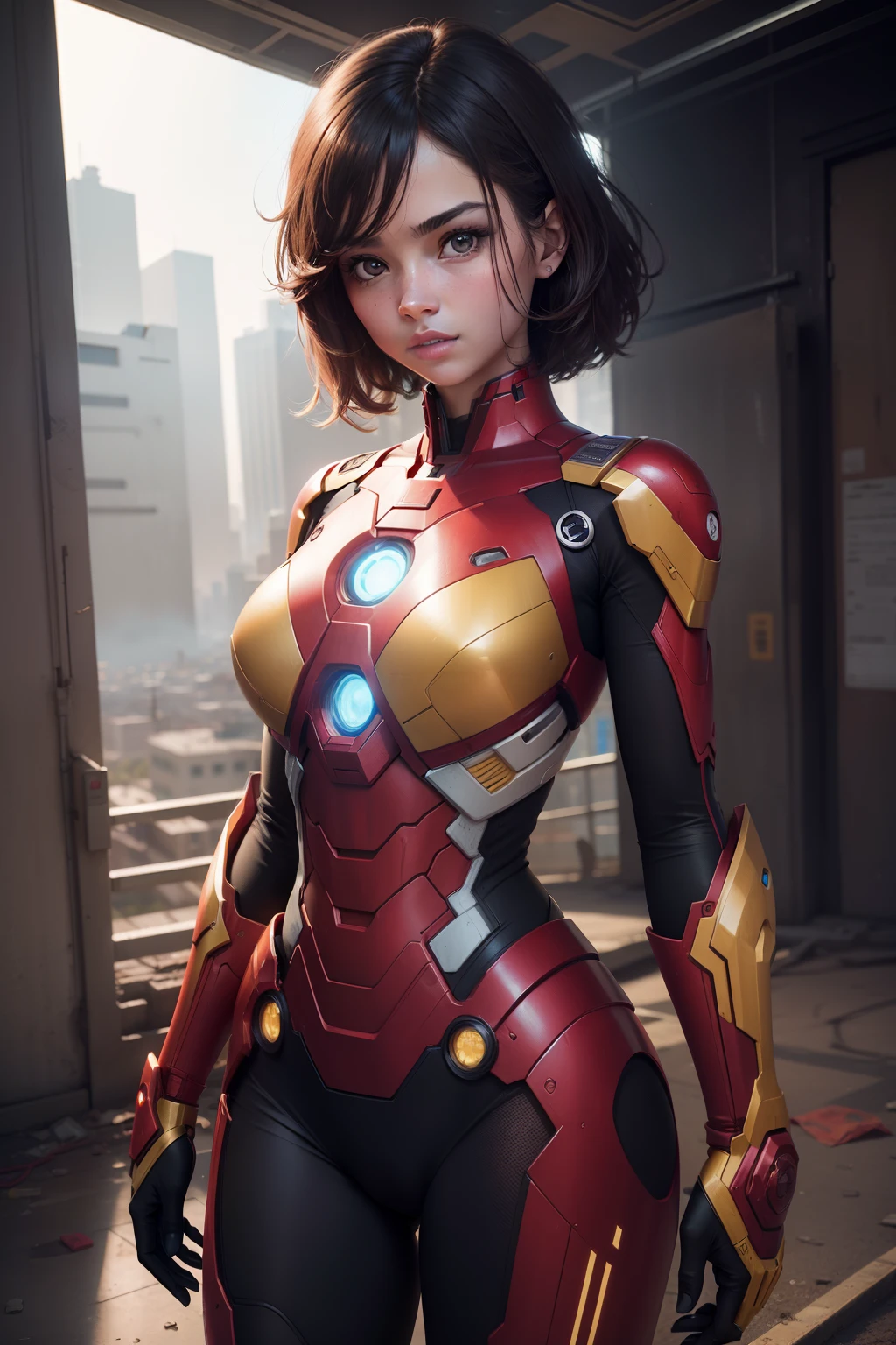 (1girl: 1.3), solo, __body-parts__, arte oficial, Unity 8k papel de parede, ultra detalhado, handsome and aesthetic, belo, obra-prima, melhor qualidade, RAW, obra-prima, foto super fina, melhor qualidade, super high res, fotorrealista, luz solar, retrato de corpo inteiro, incrivelmente bonito,, dinamic pose, rosto delicado, olhos vibrantes, (vista lateral), she's wearing a futuristic Iron Man mech, vermelho e dourado, highly detailed abandoned warehouse background, rosto detalhado, fundo complexo detalhado ocupado, Messy, lindo, leitoso, pele altamente detalhada, detalhes realistas da pele, visible pores, foco nítido, Volumetric mist, 8k uhd, DSLR camera, alta qualidade, grain of film, pele clara, fotorrealismo, lomografia, sprawling metropolis in a futuristic dystopia, vista de baixo, translucid, calcinha fio dental.