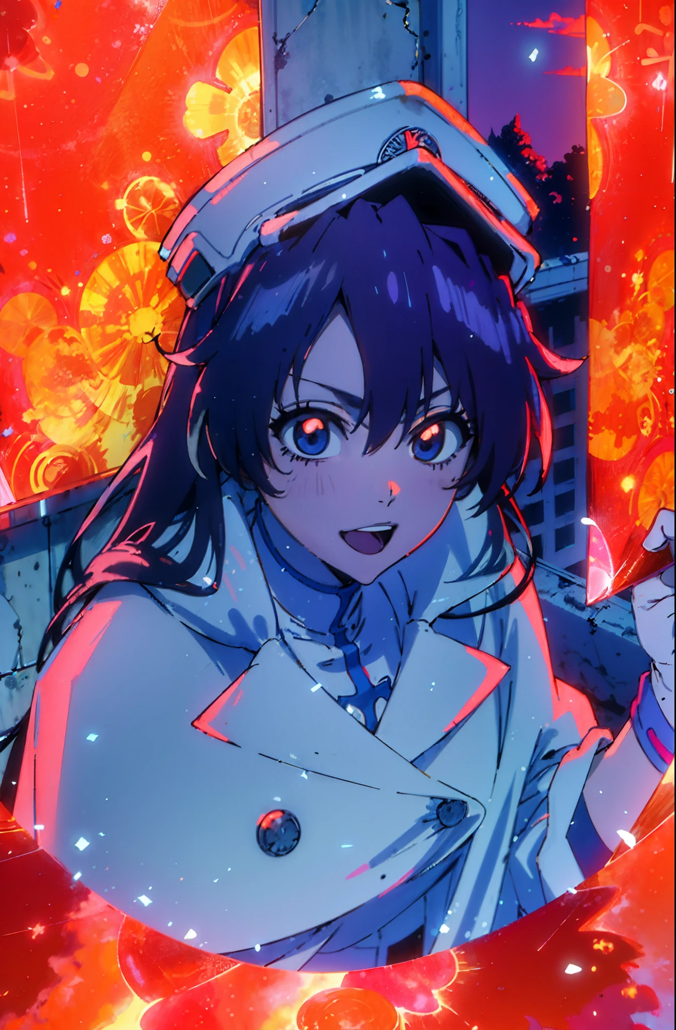 (Masterpiece:1.5, Best quality:1.5), vaporwave style, Close-up, From above, Movie Angle,
long hair girl, Looks excited,big laughter, Solo, in a bedroom, The doll is a wolf, Idecadent lives,
Poles outside the window, Sunset outside the window, Street outside the window, The sunset outside the window,