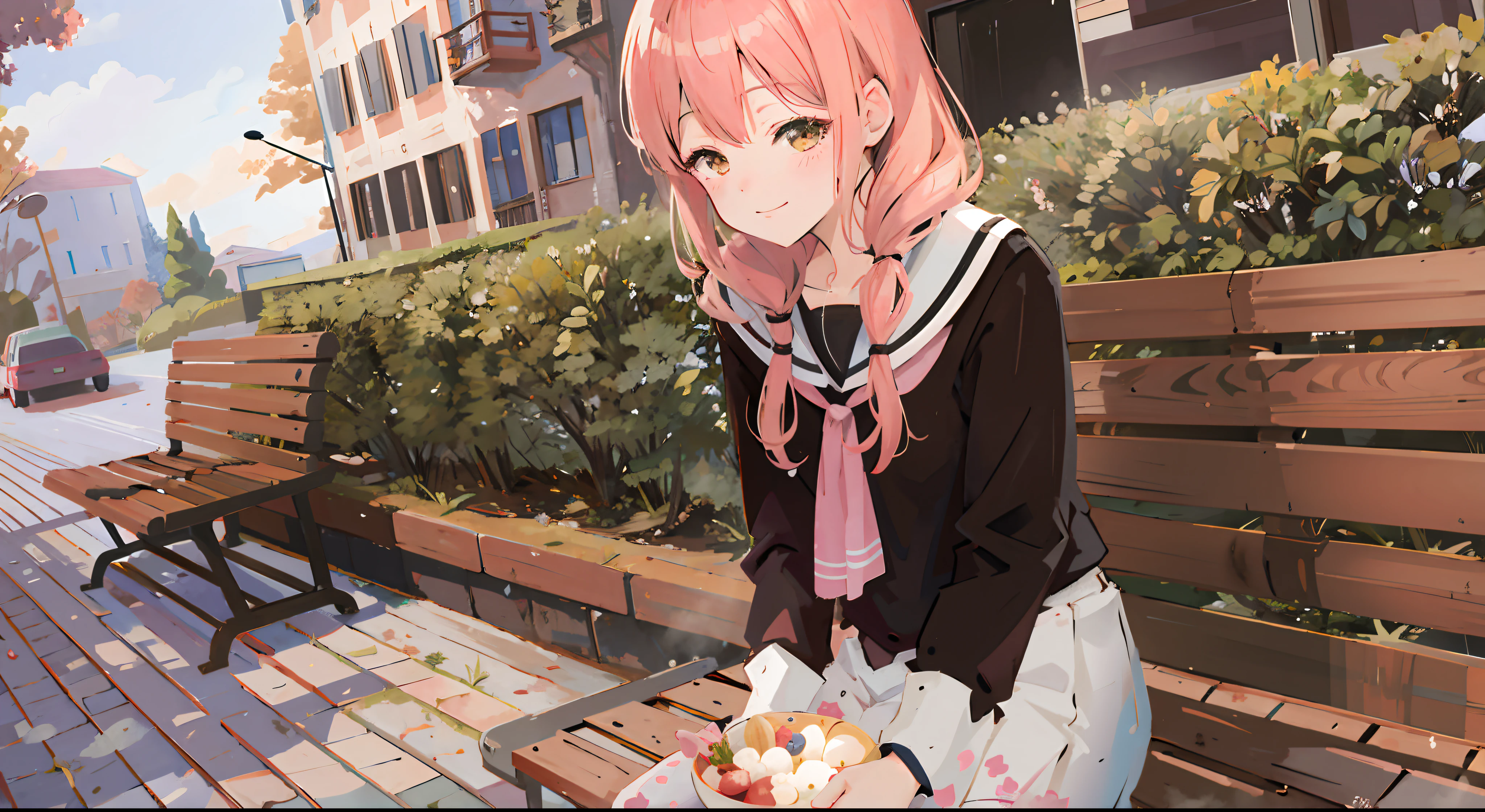 Anime girl sitting on a bench, smooth anime cg art, anime visual of a cute girl, marin kitagawa fanart, haruno sakura, kawaii realistic portrait, render of april, inspired by Eizan Kikukawa, hints of yayoi kasuma, Serene smile, shirabii, made with anime painter studio
