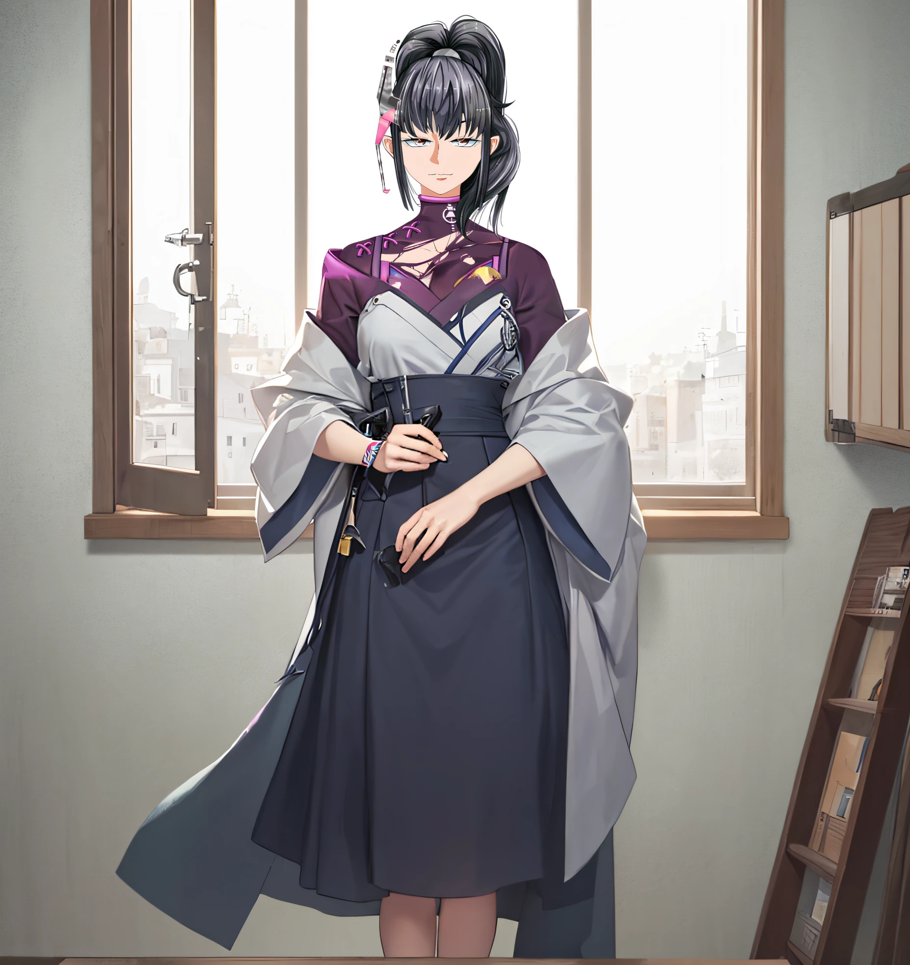 (((masterpiece))), (((best quality))), ((ultra-detailed)), (highly detailed CG illustration), ((an extremely delicate and beautiful)),1mechanical girl,Young girl named ((Sui Ishida)), a close up of a person with a ponytail and a purple outfit, Sui's hands meticulously crafting a magical-mechanical device, with blueprints scattered around her,Girl's hands meticulously crafting a magical-mechanical device, with blueprints scattered around her, Background is the workshop, A quaint workshop nestled between tall buildings, with the glow of enchanted objects seen through the windows, katana zero video game character, masamune shiro, maya fey from ace attorney, portrait knights of zodiac girl, koyoharu gotouge, misato katsuragi, black - haired mage, yayoi kasuma, juri misaki, takeyuki kanda