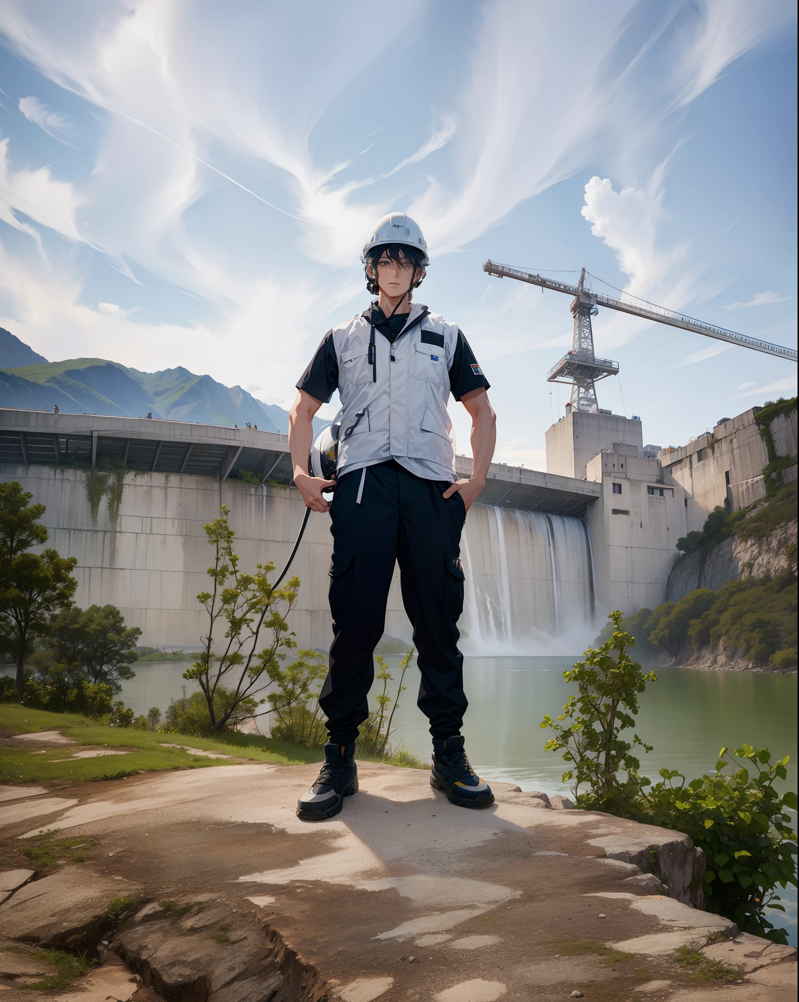 male engineer standing in front of dam, dark gray long clothes, white helmet, standing on rock, behind is lake, mountains, blue sky, high resolution, anime style, a engineer with a construction site helmet on his head, sky sunset