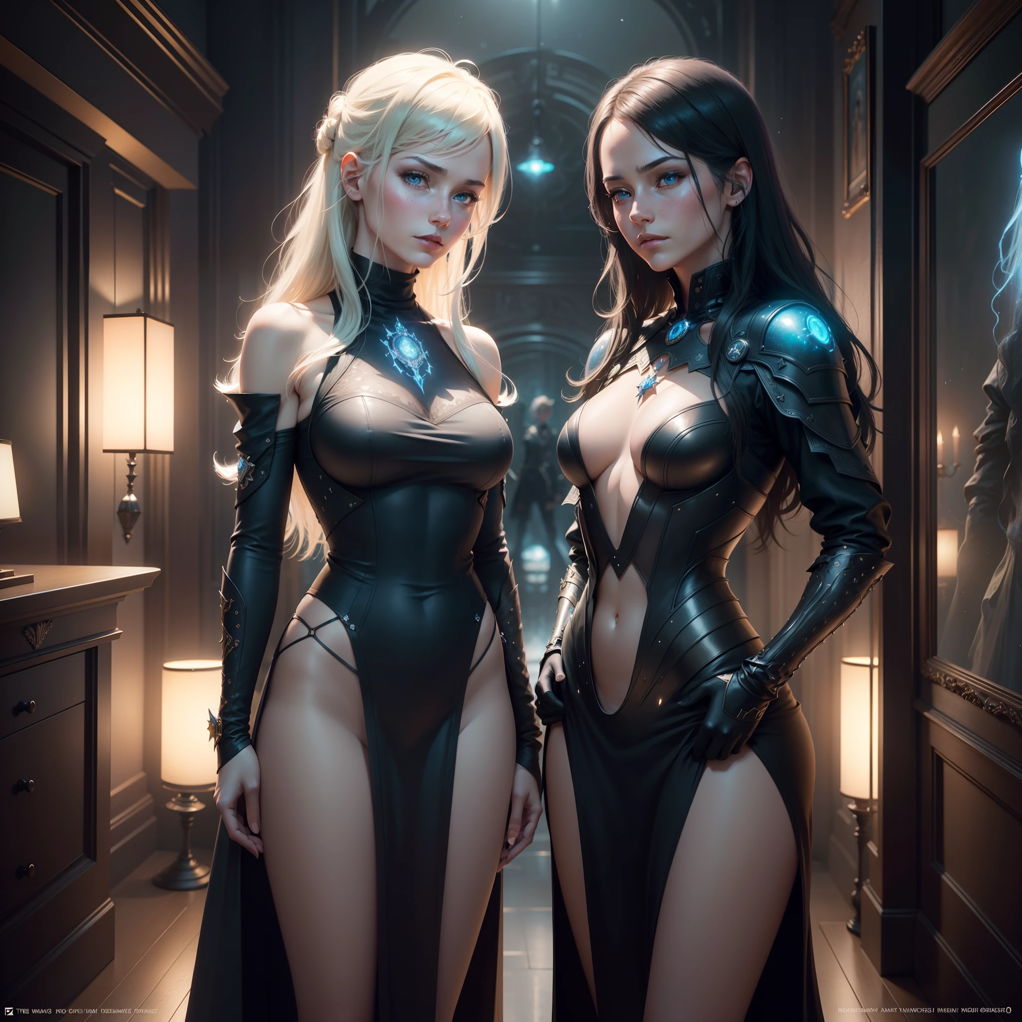 Photorealistic portraits of Noctice Lucis Caelm and Luna Freya Knox Fleurette from Final Fantasy XV, Photorealistic illustration by Tibor Nagy , Dark Blue Sky Magical Epic Vibration, Natural colors, Dynamic Pose, cinematic still, Space and nebulae in the eye, intergalactic, cosmic background, Pedras preciosas, crystalline, Flowing hair, Textured skin, In the style of Joe Kubato, Black, Beige, lavender, Emerald and Gold, Ted Nasmyth, Germanic art, Details to blink and miss, Wäinö Aaltonen, Imaginative Characters — Rainbow 5 — Style、Expressive details、Textured、gorgeous faces, Detailed skin, Looking at the camera with blue eyes, Octane Render, nffsw, cover, Unzoom, hyper detailed painting, luminism, Bar lighting, with an intricate, 8k resolution concept art portrait by Greg Rutkowski, Style by Wes Anderson, ArtGerm, wlop, Alphonse Mucha, Little Fusion Pojatti Realgoth, Detailed bioluminescence of the fractal isometric encyclopedia : stunning realistic photograph
