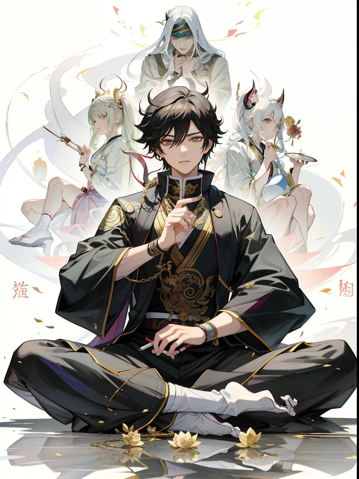 Anime characters sit in the lotus position，cigarette in his hand, handsome guy in demon killer art, inspirado em Okumura Masanobu, by Yang J, beautiful male god of death, demon slayer rui fanart, sengoku - era art style, handsome japanese demon boy, Kimetsu no yaiba, High-quality fanart, anime wallaper