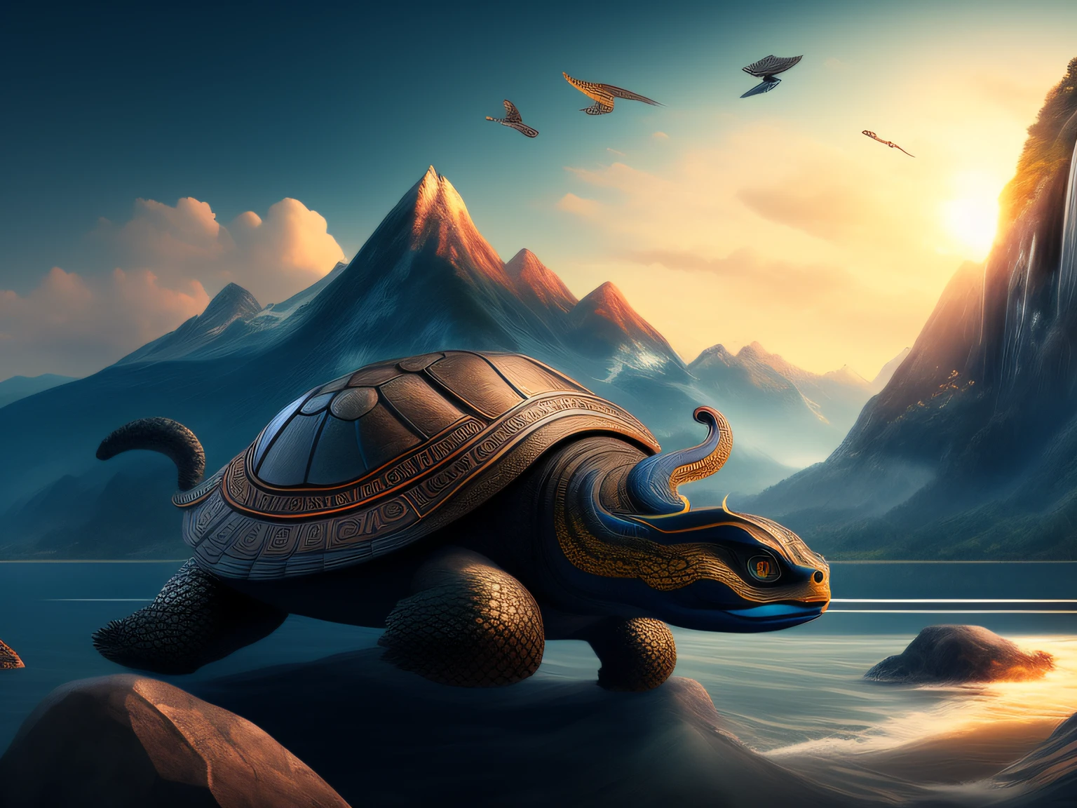 tmasterpiece，CG animation in 8K resolution，absurd res，Inspired by the Classic of Mountains and Seas，Chinese mythology and stories，mythological creatures，Black turtle，Bird's head，Snake's tail