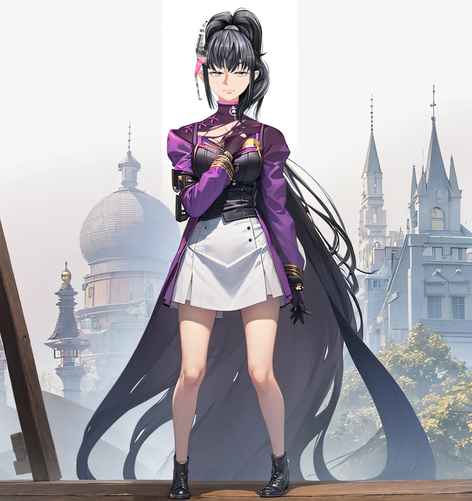 (((masterpiece))), (((best quality))), ((ultra-detailed)), (highly detailed CG illustration), ((an extremely delicate and beautiful)),1mechanical girl,Young girl named ((Sui Ishida)), a close up of a person with a ponytail and a purple outfit, Sui's hands meticulously crafting a magical-mechanical device, with blueprints scattered around her,Girl's hands meticulously crafting a magical-mechanical device, with blueprints scattered around her, Background is the workshop, A quaint workshop nestled between tall buildings, with the glow of enchanted objects seen through the windows, katana zero video game character, masamune shiro, maya fey from ace attorney, portrait knights of zodiac girl, koyoharu gotouge, misato katsuragi, black - haired mage, yayoi kasuma, juri misaki, takeyuki kanda