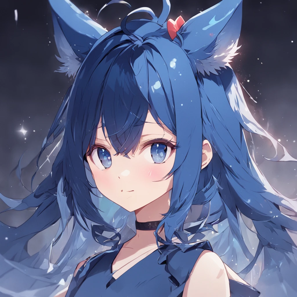 1girl, solo, bangs, hair braided in a low long ponytail, long blue fox ears, grey blue bodysuit, gray big pants, high boots, big fox fire blue tail, dark blue hair, dark blue eyes, sad look, straps on the chest, straps on the waist, short gray-green skirt.