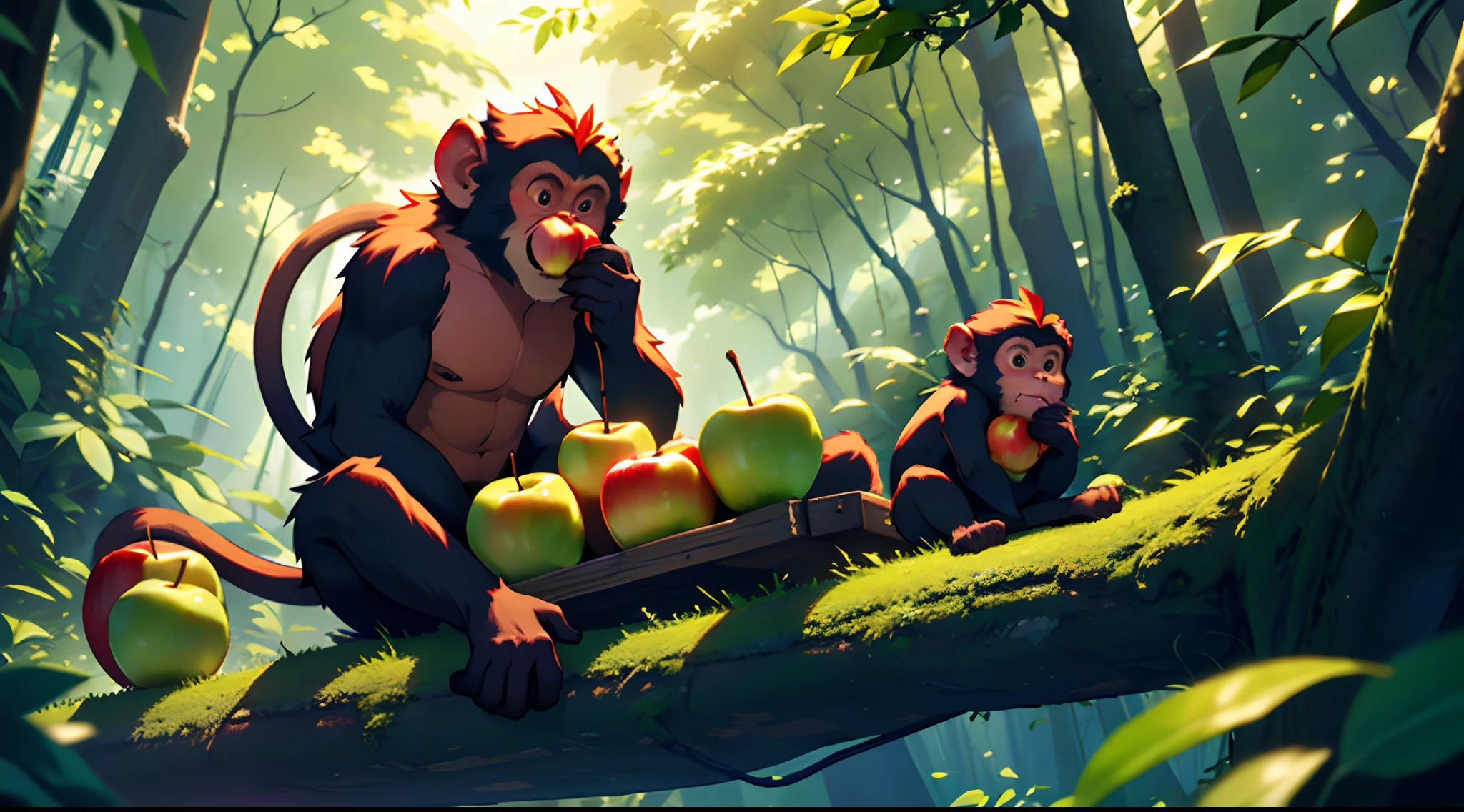 Masterpiece, best quality, 8k resolution, cinematic lighting, a Little monkey eating apples in a tree forest,