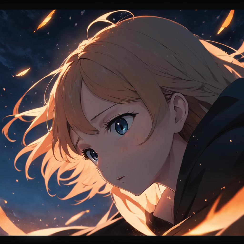 tmasterpiece，best qualtiy，cinematic Film still from，1girl，tan hair、Girl in black cloak，Floating in the sky，closeup cleavage，brightly，cheerfulness，Warm and soft lighting，the sunset，（spark of light：0.7）