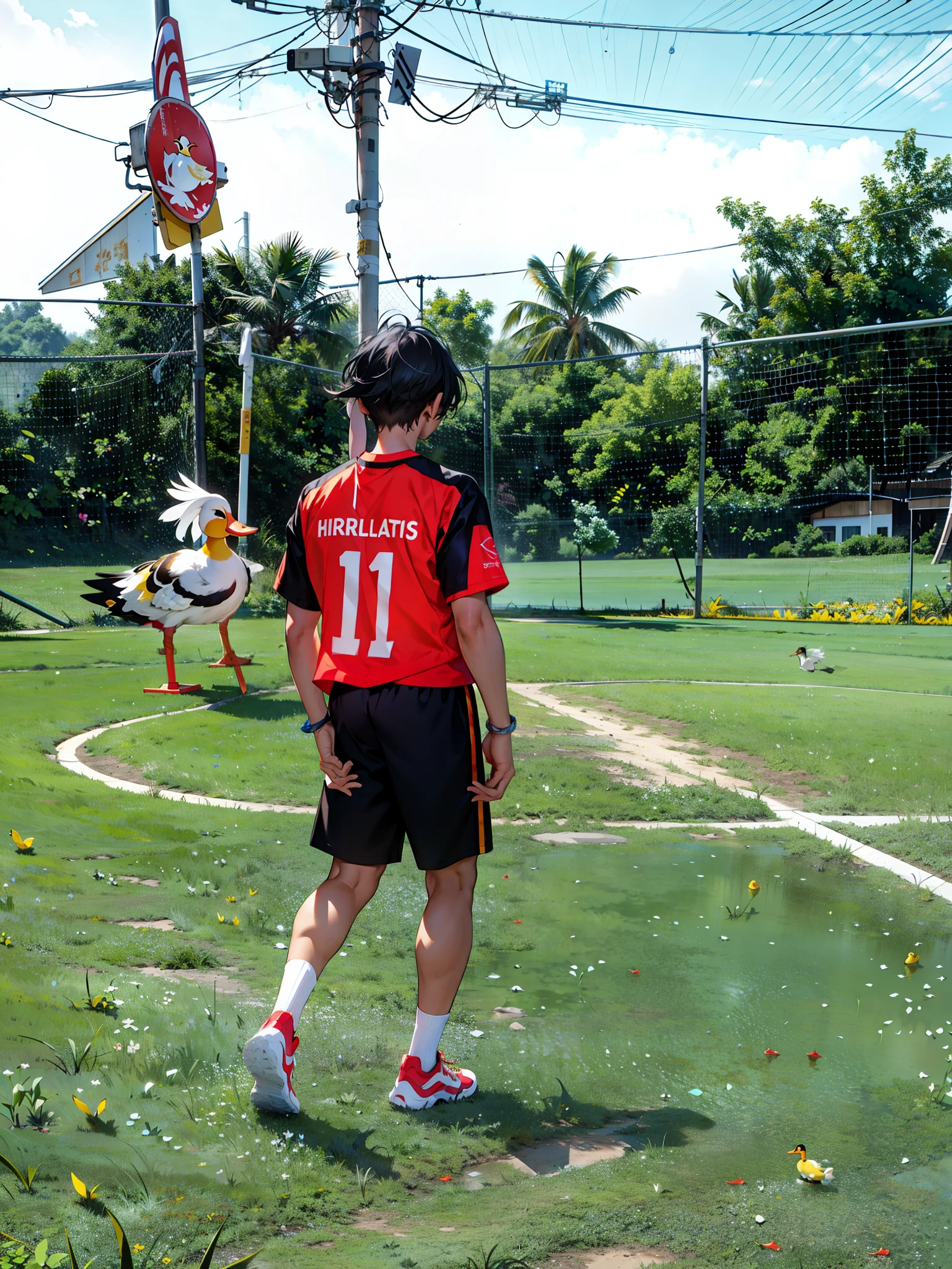 A boy, duck hybrid, messy long white hair, with yellow locks, confused expression, white shirt and shorts, duck feathers and ducktail