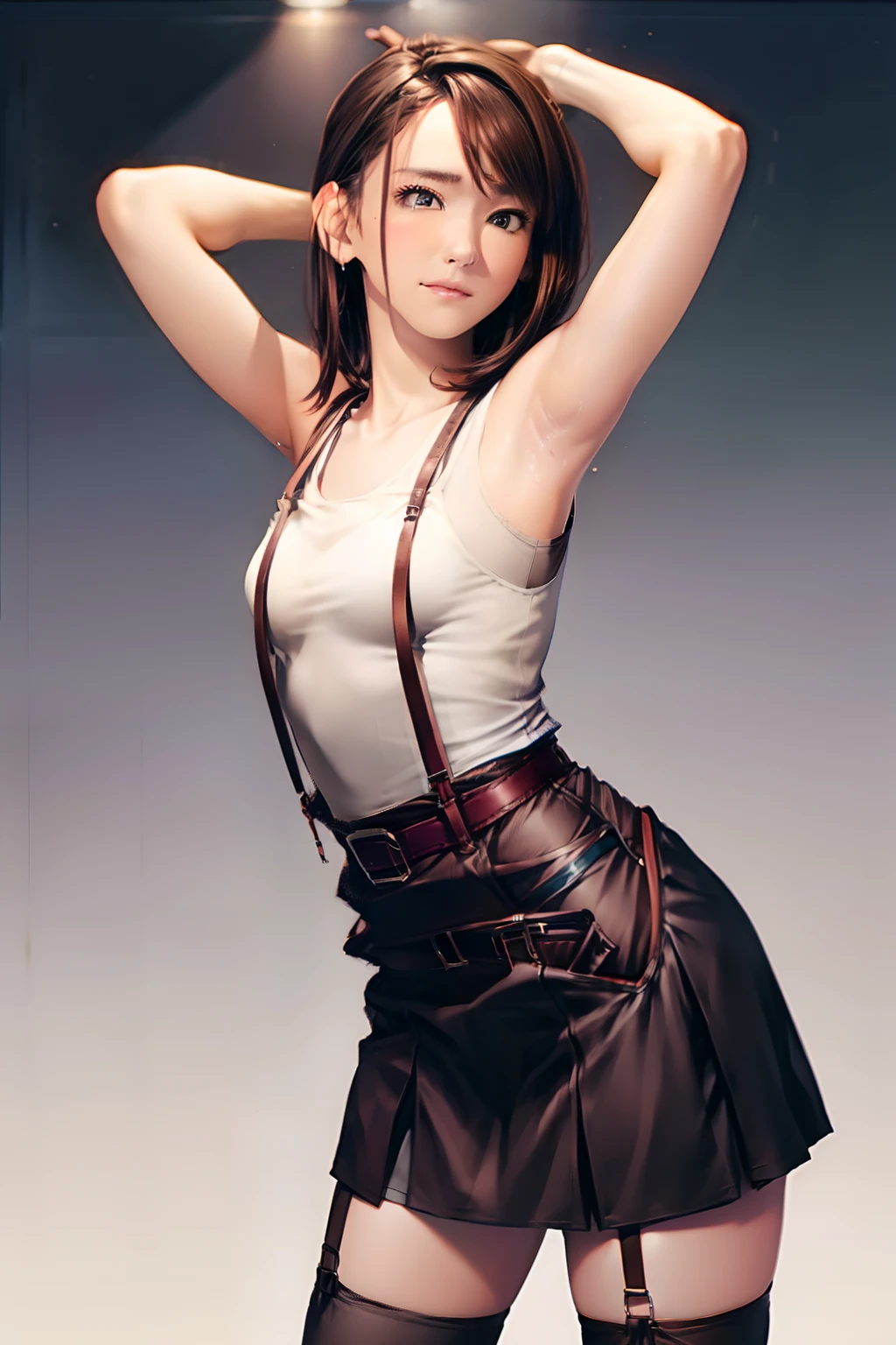 skirt by the, Tank tops suspenders, Brown hair short, Gray eyes, Garter belt on the legs, moderate chest and tight clothes, a belt Armpit sweat deadpan