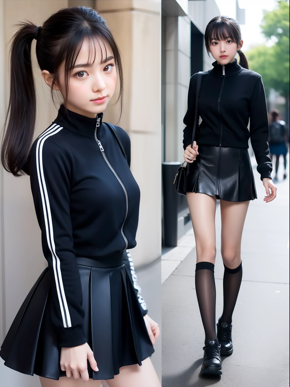 Knees,年轻,(pleatedskirt),Zip Up,s girl,A dark-haired,Twin-tailed,poneyTail,delicate and petite body