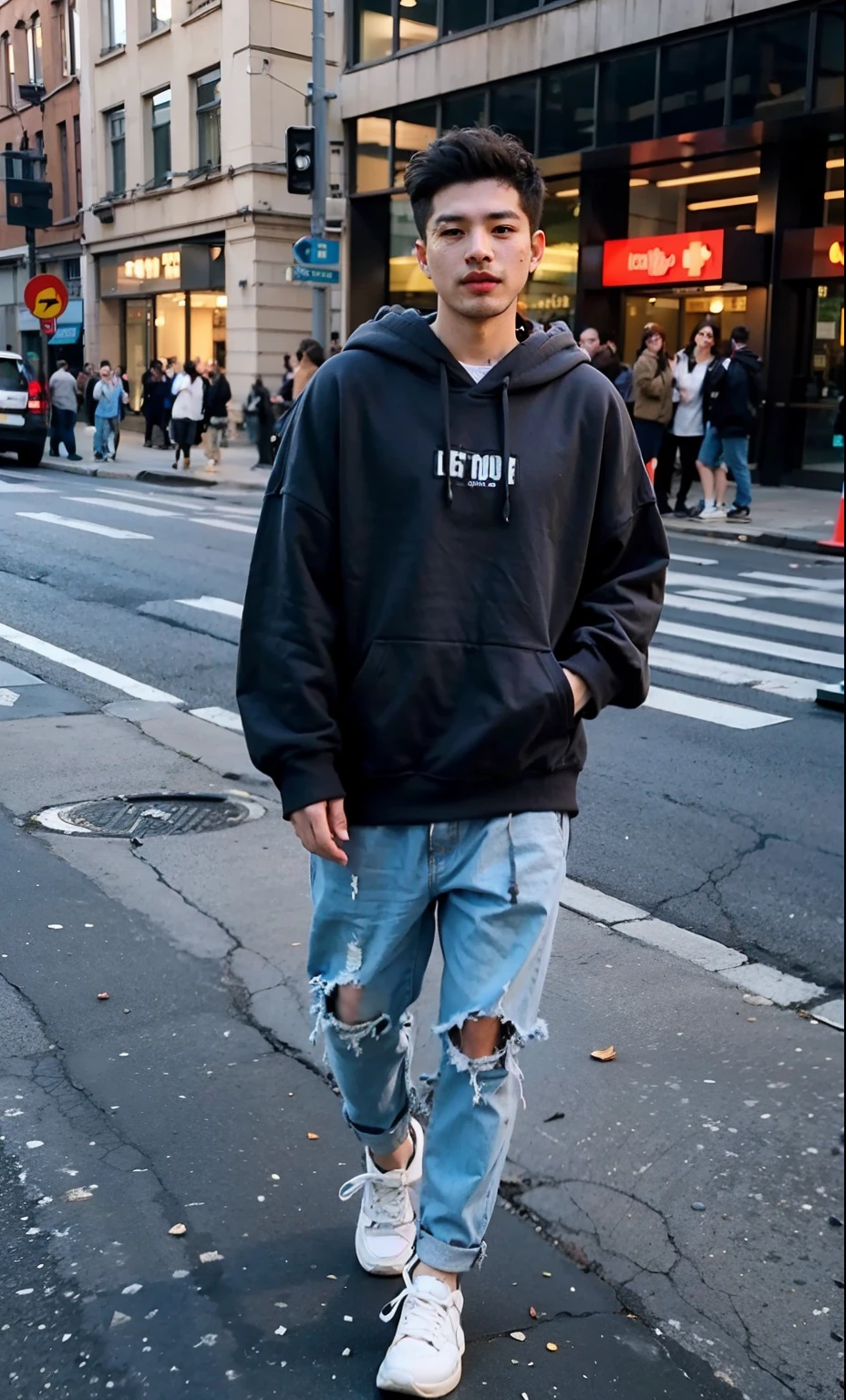 Man in white sweatshirt,FULL BODYSHOT、 trending on r/Street attire, Narrative, Hoodie, in a navy blue sweater, 2 0 2 0 fashion, casual clothing style, posh, Wearing a blue hoodie, Fear of God's Style, Navy blue, Wearing a sweatshirt, wearing an oversized hoodie, oversized hoodie，Background is on a hill，
